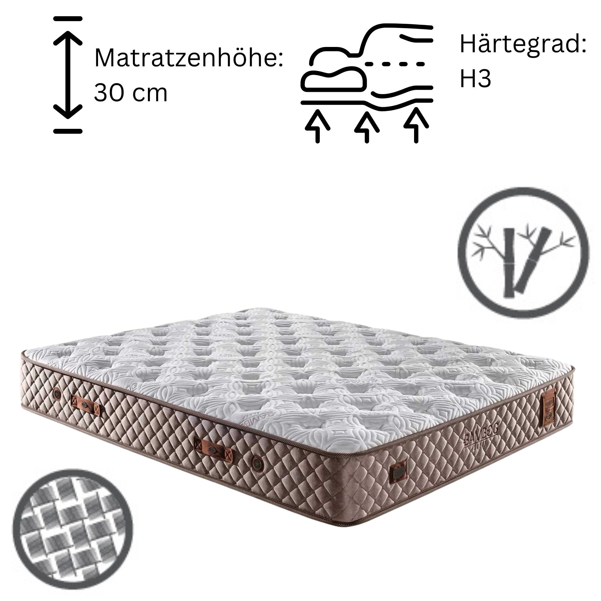 Boxspringmatratze 7 Schichten Höhe 30 cm Matratze 180x200 mit Kissen Bamboo, Moln