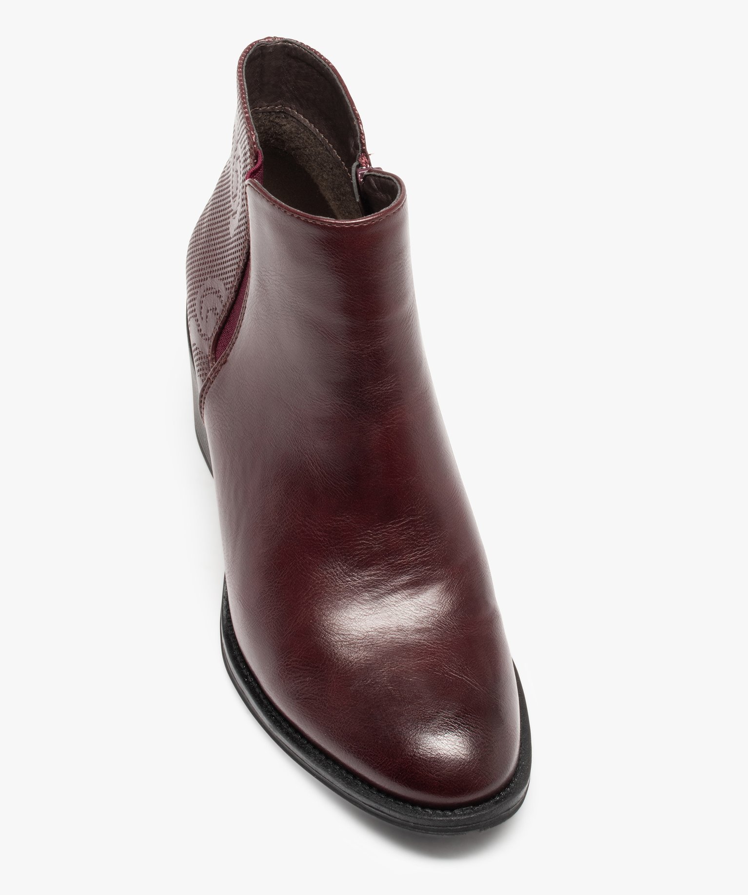 Boots femme à talon carré dessus uni motif en relief rouge fonce | GEMO