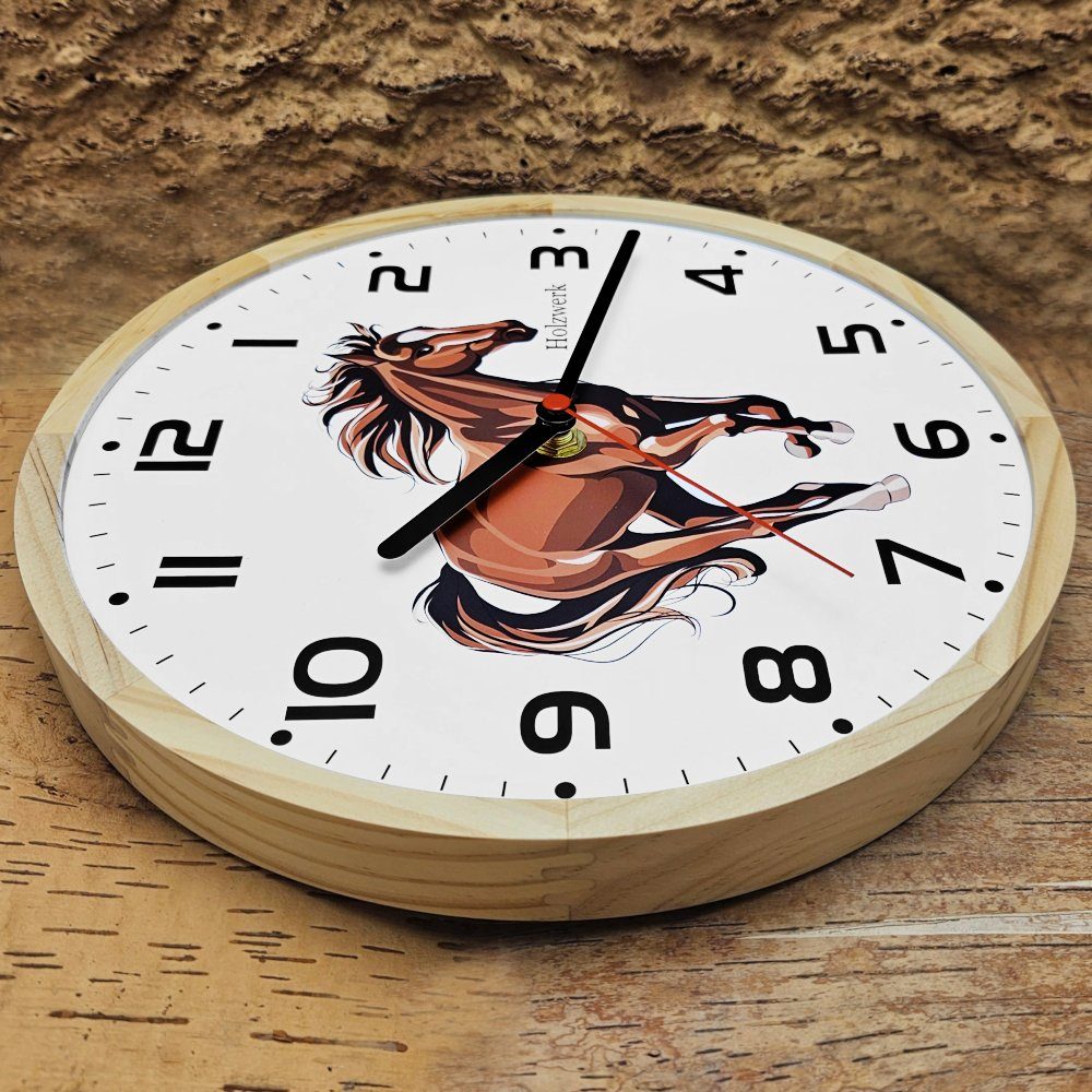 Holzwerk Wanduhr Holzwerk BELLA Kinder Holz Wand Uhr mit Pferde Motiv, weiß, braun