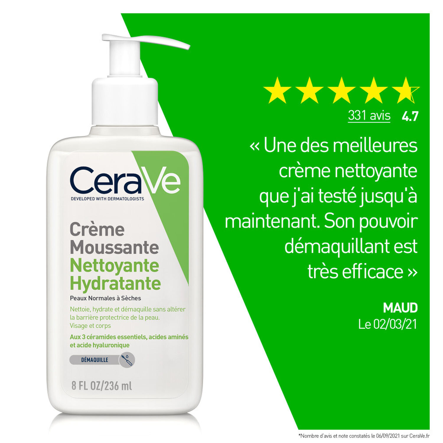 Cerave Crème Moussante Nettoyante, Hydratante 236 ml