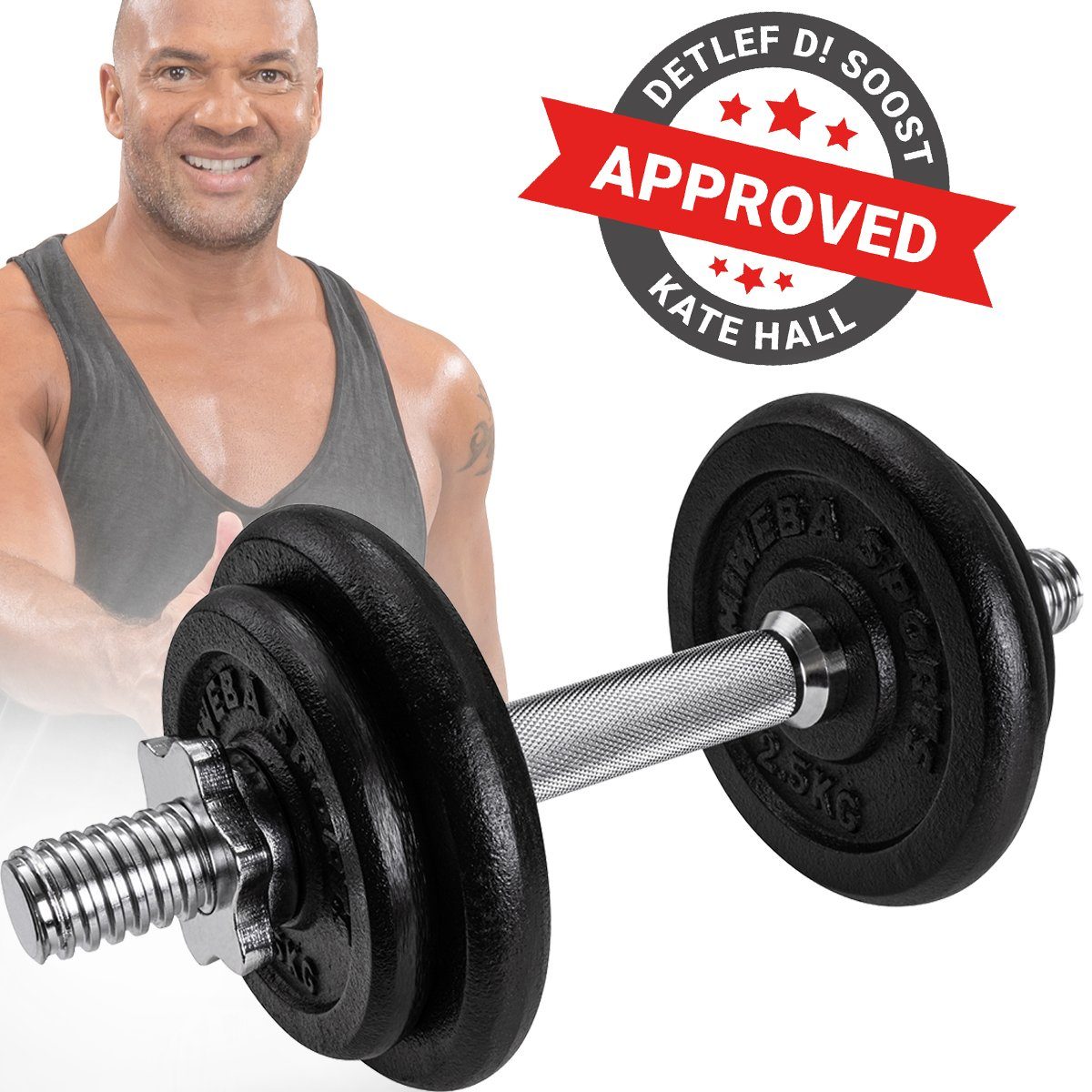 Miweba Sports Hantel-Set Profi Fitness Kurzhantel MKH110, (Einzelhantel 1x 10 kg, Stange mit 30 mm Standardnorm, rutschfest mit Sternverschluss, Hantelstange aus Stahl, kreuzgerändelt, 2x Hantelscheiben 2,5 kg & 1.25 kg, Krafttraining, Muskelaufbau,