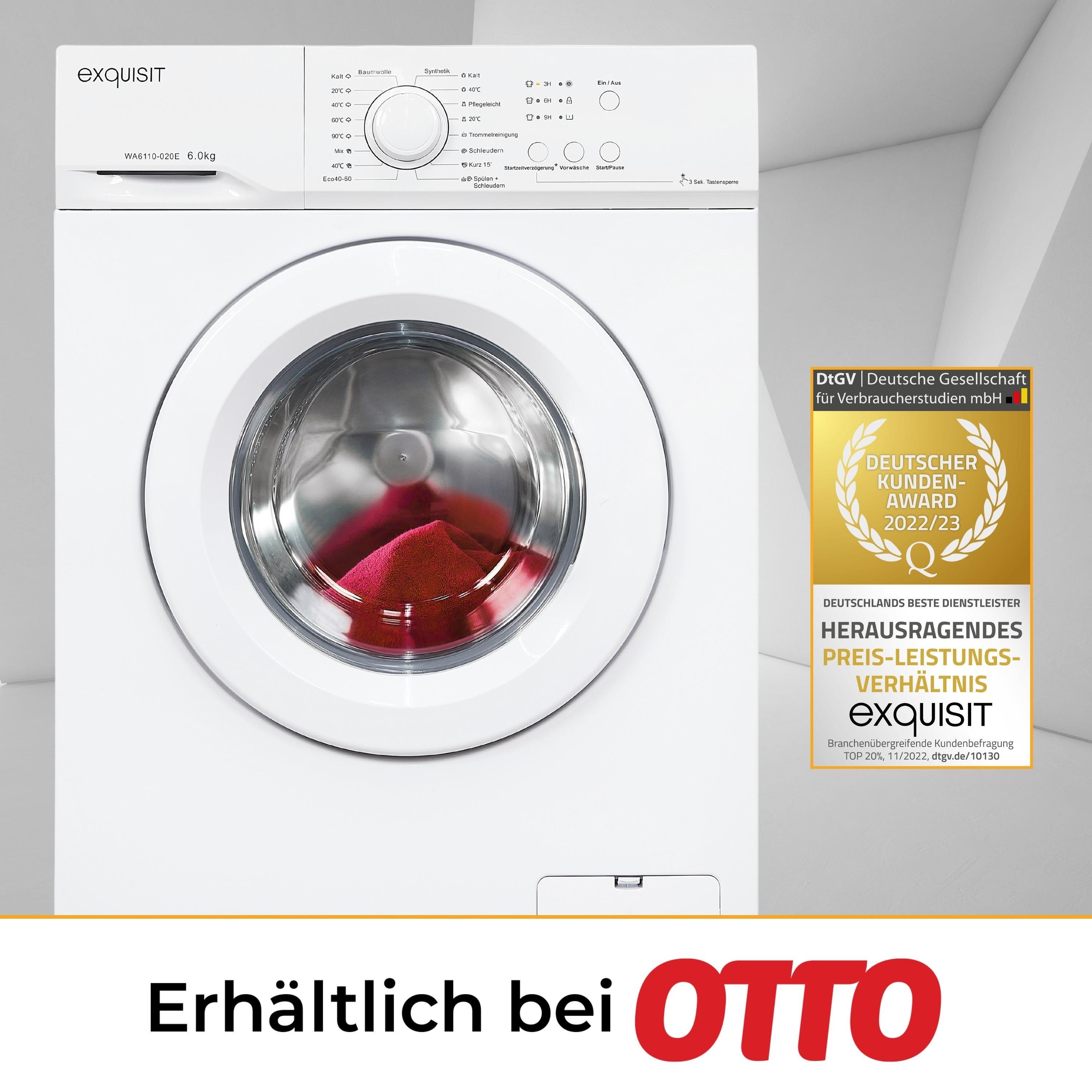exquisit Waschmaschine WA6110-020E, 6 kg, 1000 U/min, Kindersicherung, Startzeitverzögerung