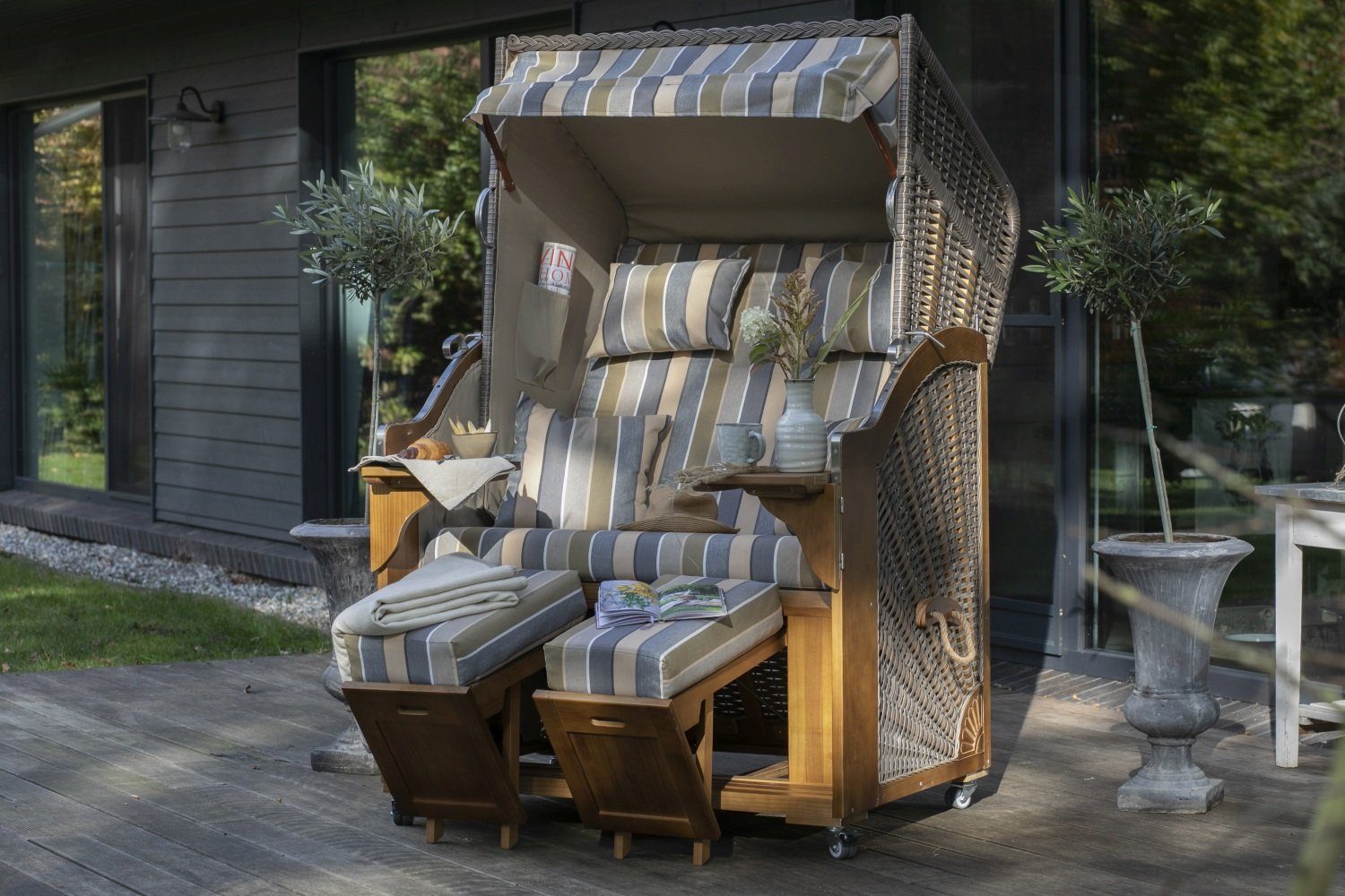 bene living Strandkorb Schleswig Pinie 2-Sitzer - PE mokka - Modell 557, BxTxH: 120x80x160 cm, Volllieger, Ostsee-Strandkorb Komplettset