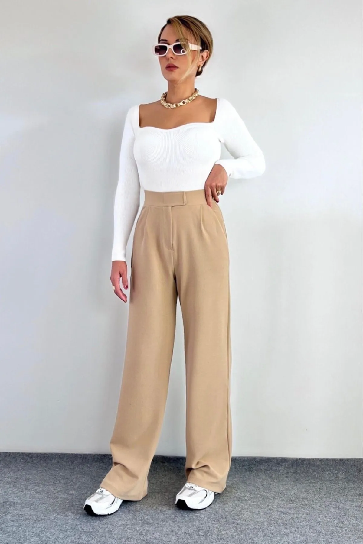 Ritnice  Line Palazzo-Hose aus Lycra für Damen mit Klettverschluss, Beige