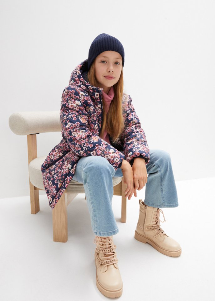 Mädchen Winterjacke mit Blumendruck, wasserabweisend und winddicht