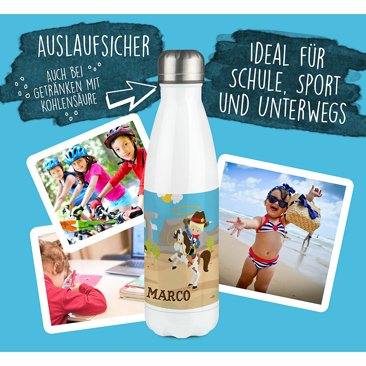 Edelstahl Kinder Thermoflasche / Trinkflasche bunt Cowboy Spülmaschinenfest, Auslaufsicher, Bruchfest, Doppelwandig, Für Heißgetränke geeignet, Mit Deckel, Isoliert