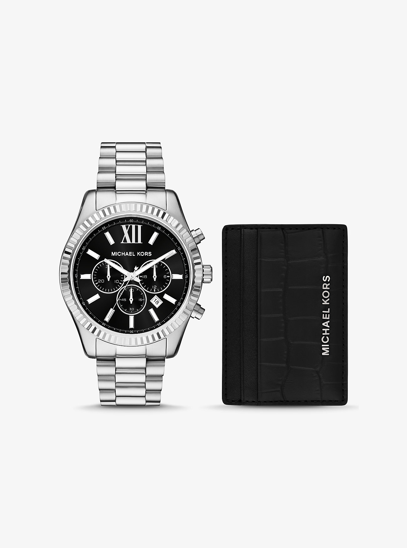 Oversized Lexington Silver-Tone Watch and Crocodile-Embossed Leather Card Case Gift Set - SILVER