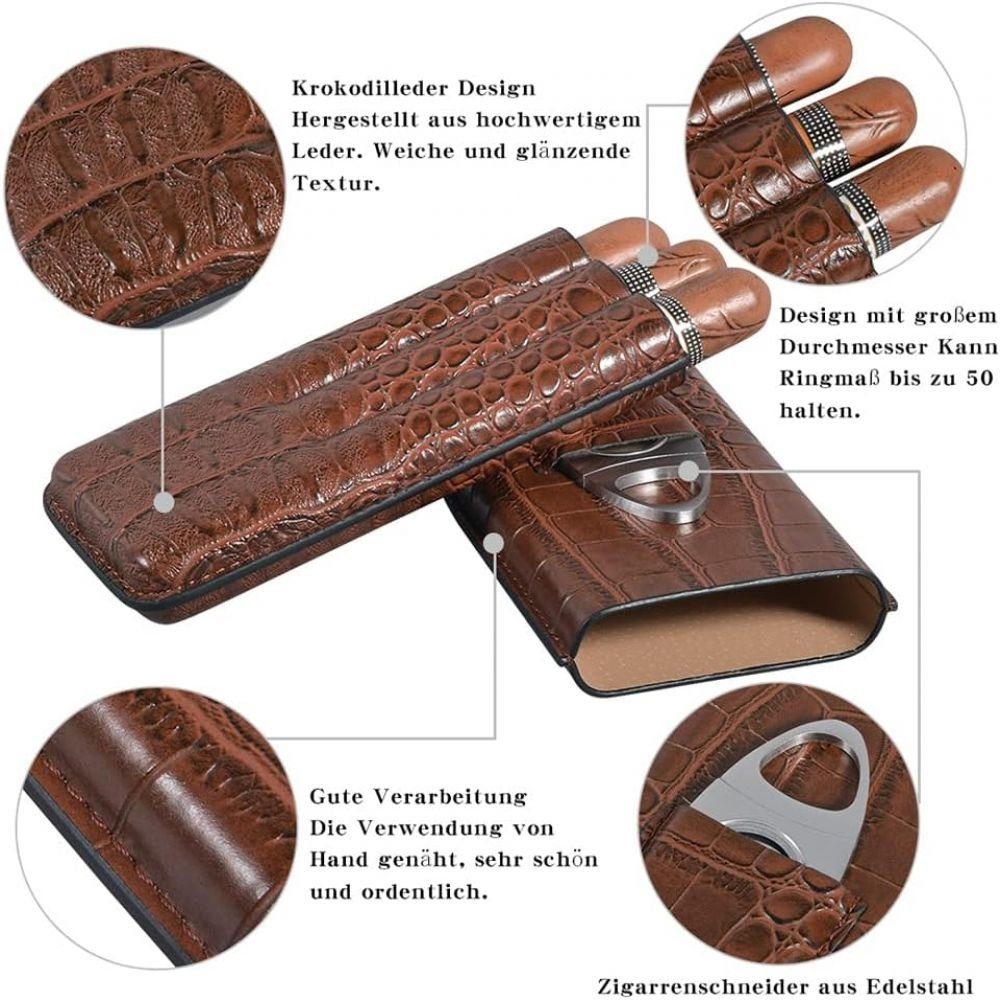 Devenirriche Humidor Zigarren Etui, 3 Tube Zigarren Humidor aus Krokodile Getreide Leder