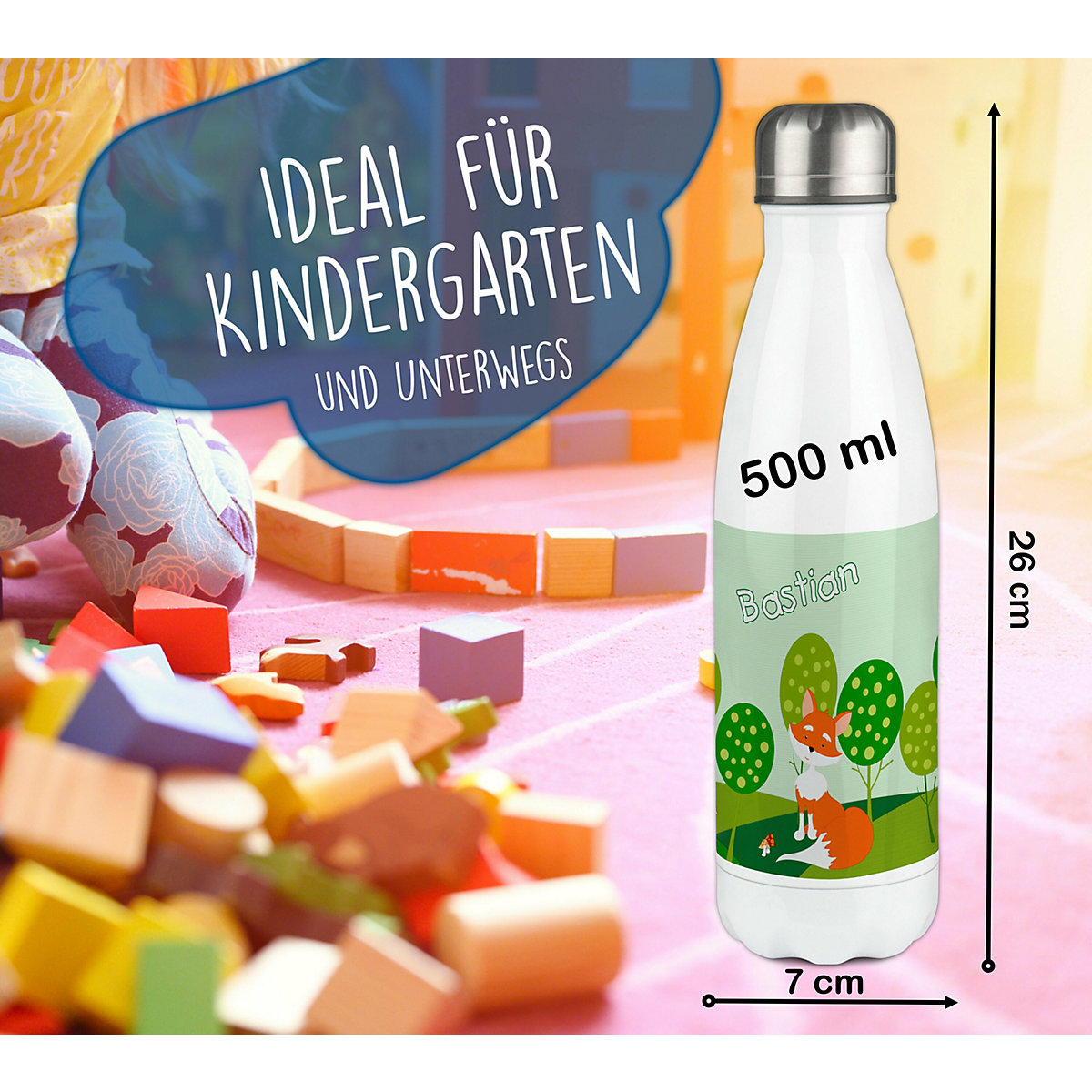 Edelstahl Kinder Thermoflasche / Trinkflasche bunt Fuchs Spülmaschinenfest, Auslaufsicher, Bruchfest, Doppelwandig, Für Heißgetränke geeignet, Mit Deckel, Isoliert