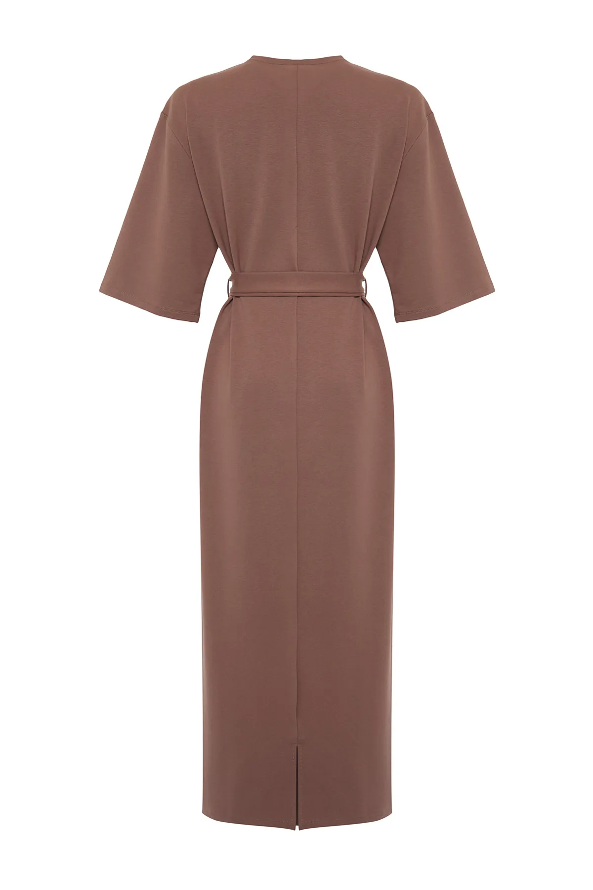Trendyol Modest  Braunes Strickkleid mit halben Ärmeln und Gürtel TCTSS24EB00108