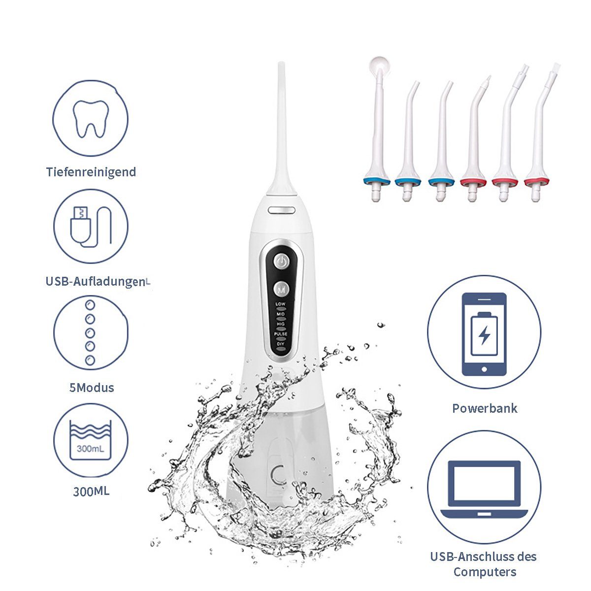 flowgoer Munddusche Kabellose Munddusche mit 5 Modi für eine gründliche Reinigung, Großes Tankvolumen, wasserdicht, ideal für Reisen und Zuhause