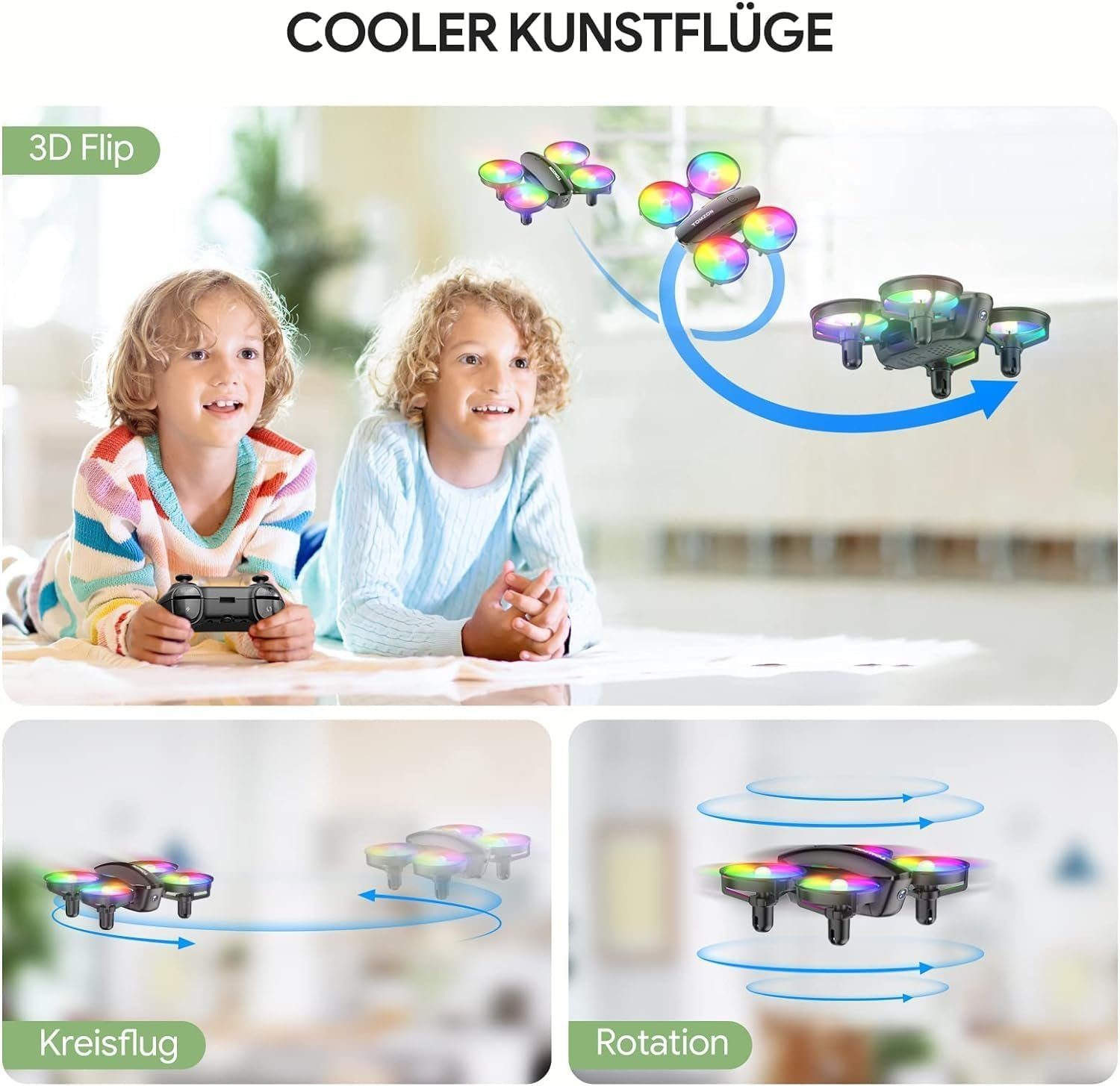 Tomzon Mini Drohne mit Kamera für Kinder Anfänger Drohne (1080P HD, mit Bunte LED-Licht Lange Flugzeit 360°Propellerschutz/WerfenGo/3DFlip)