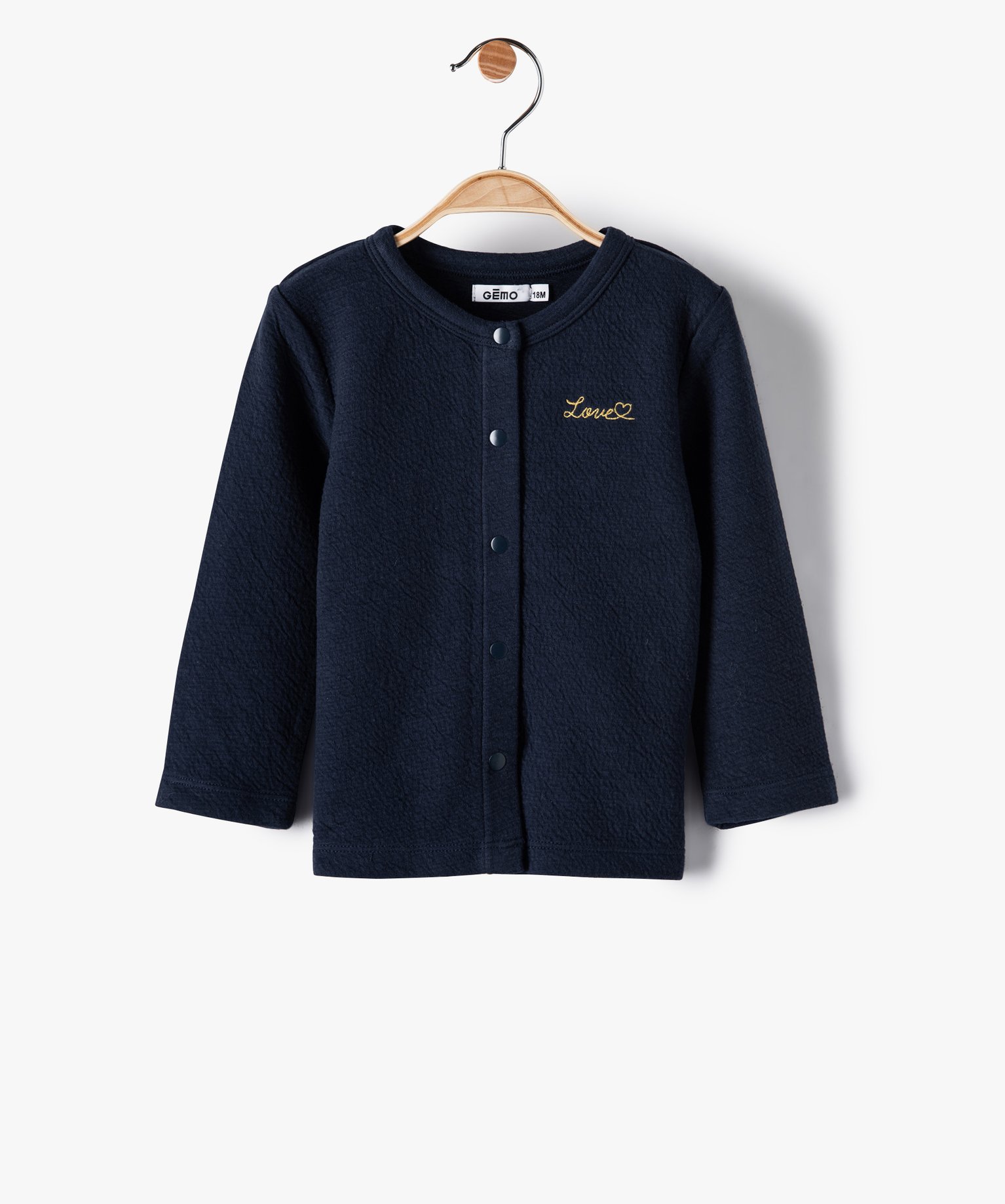 Sweat bébé fille gaufré à boutons-pression bleu fonce | GEMO