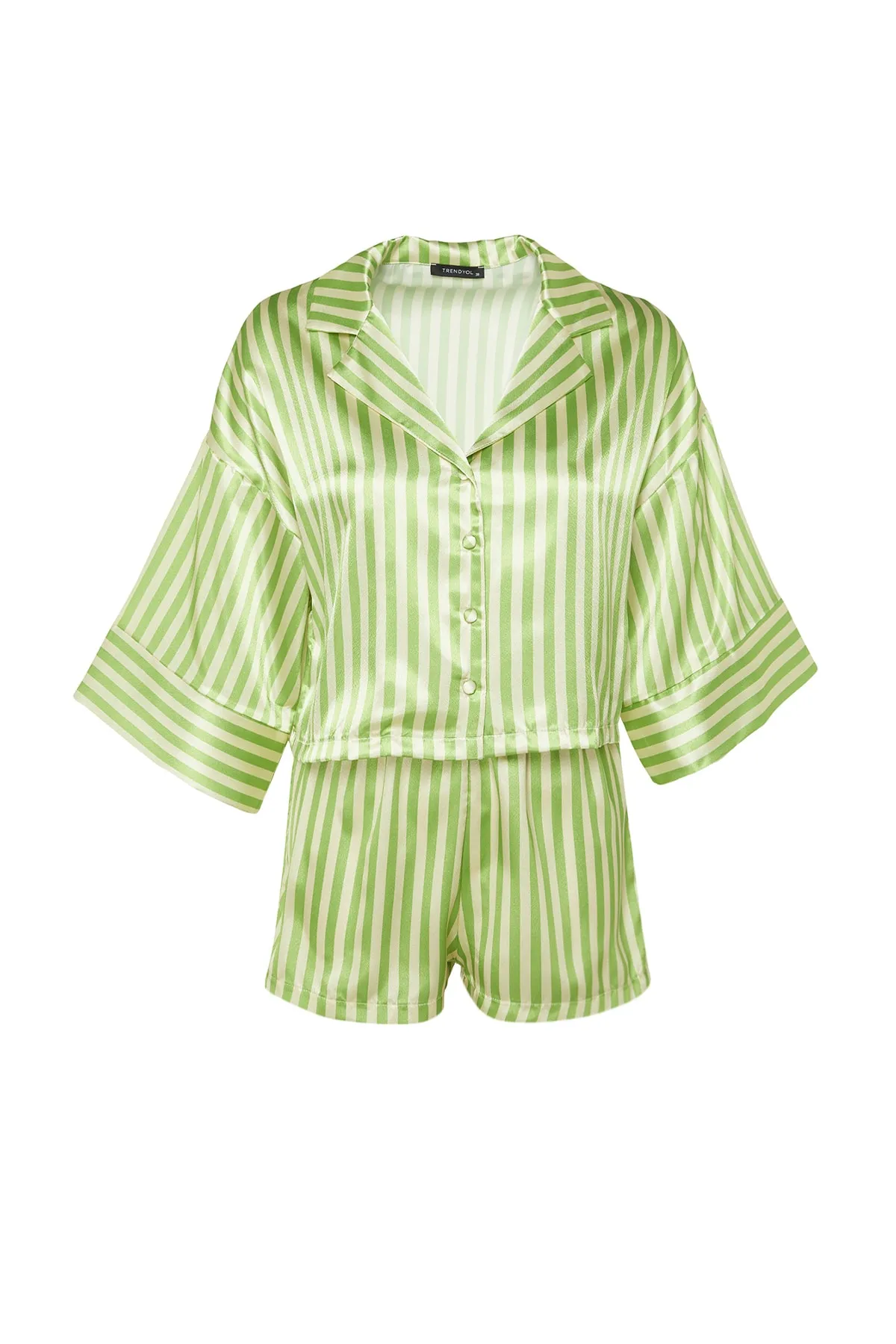 Trendyol Collection  Mehrfarbig-grün gestreiftes Hemd-Shorts-Pyjama-Set aus gewebtem Satin THMSS23PT00052