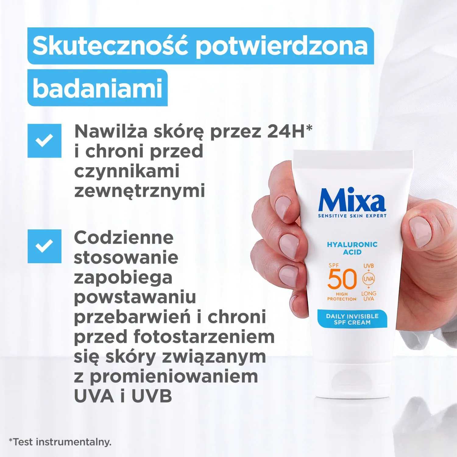 Mixa fugtgivende ansigtscreme SPF50 med hyaluronsyre for at forhindre tørhed
