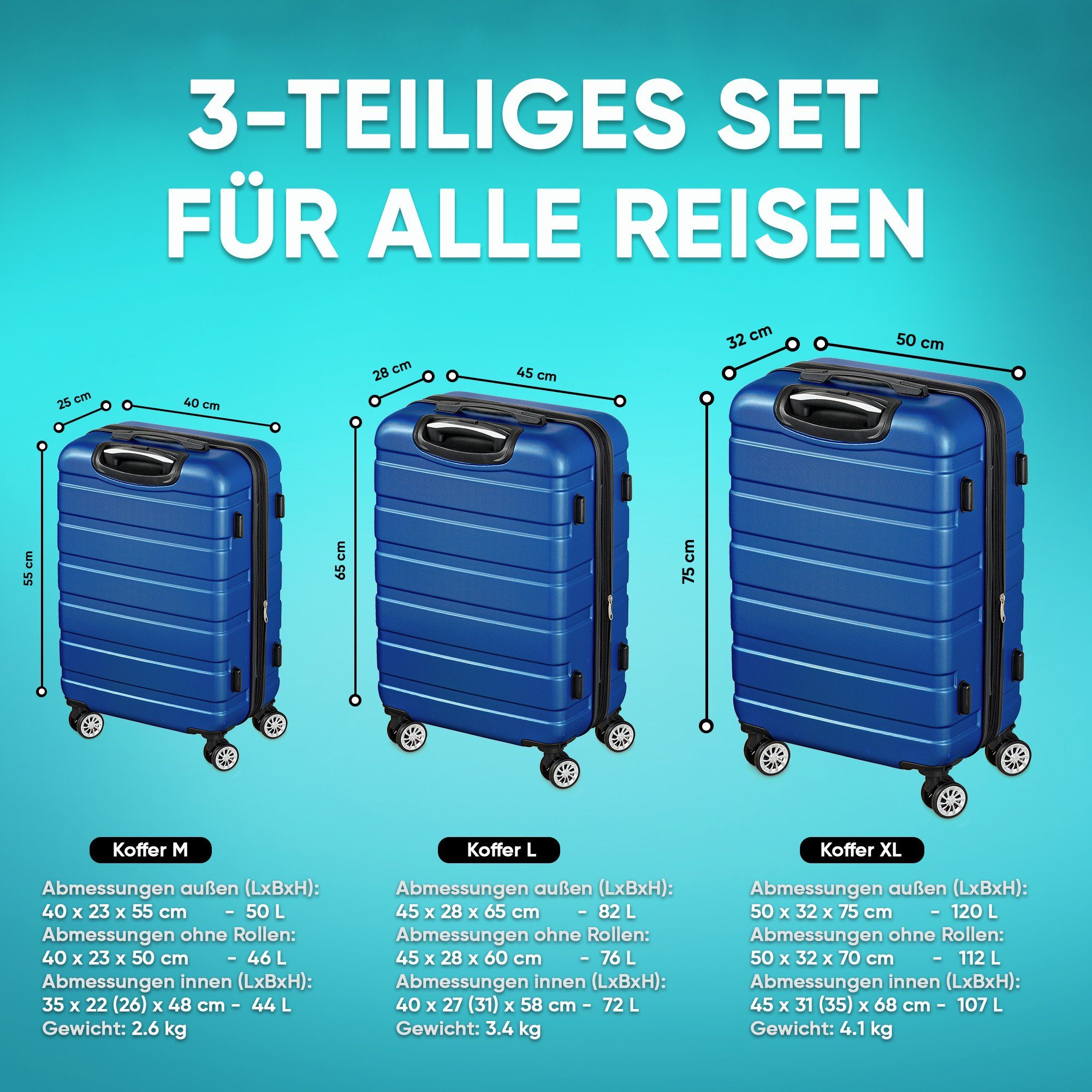 VESKA Trolleyset Hartschalenkoffer Kofferset 3 teilig mit TSA Zahlenschloss 4 Rollen, ABS-Hartschale, Reisekoffer Trolley Rollkoffer Koffer