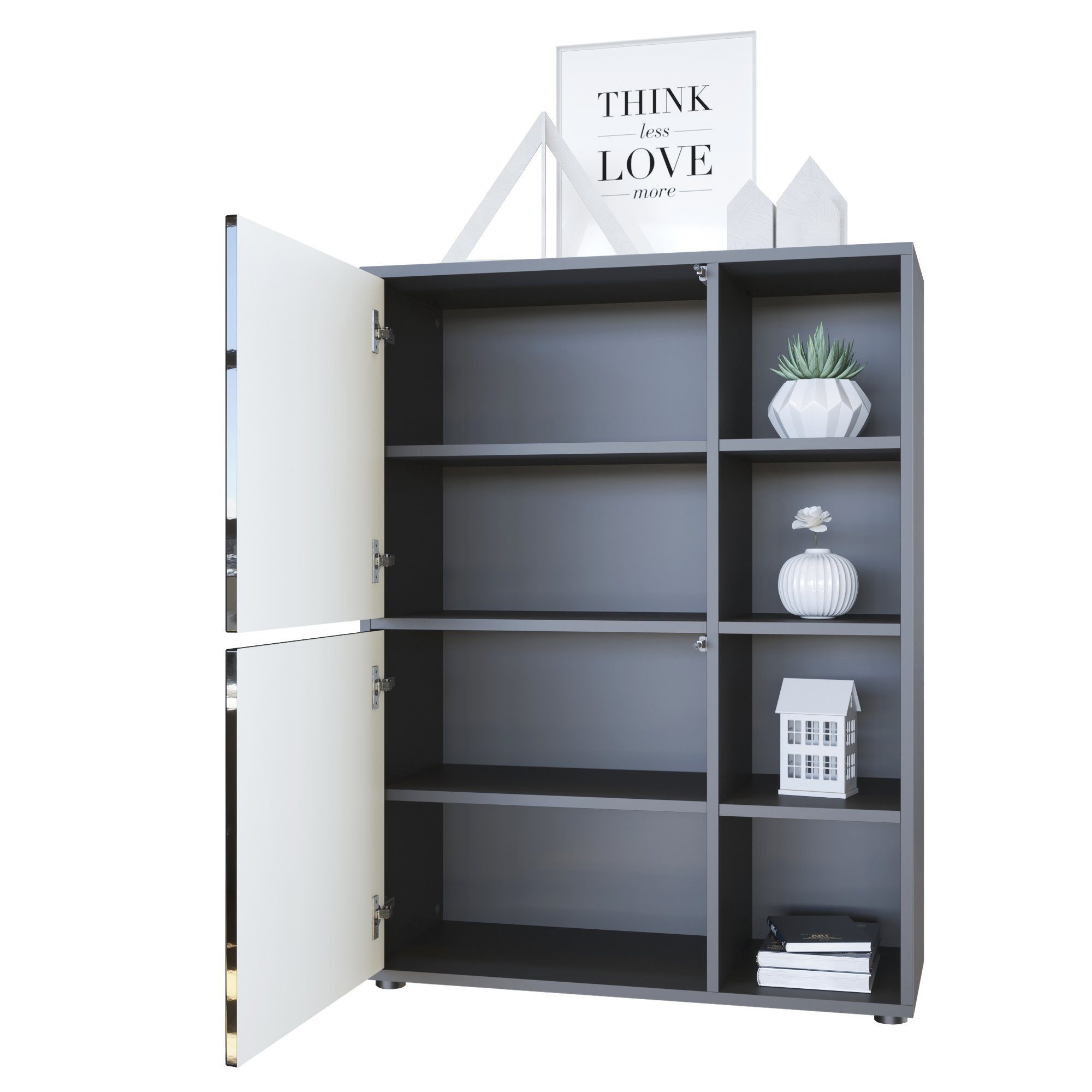 Vladon Highboard Cuba (Anrichte mit 2 Türen, und 4 offene Fächer inkl. RGB LED Beleuchtung), Schwarz matt/Hellgrau seidenmatt (79 x 105,5 x 35,5 cm)