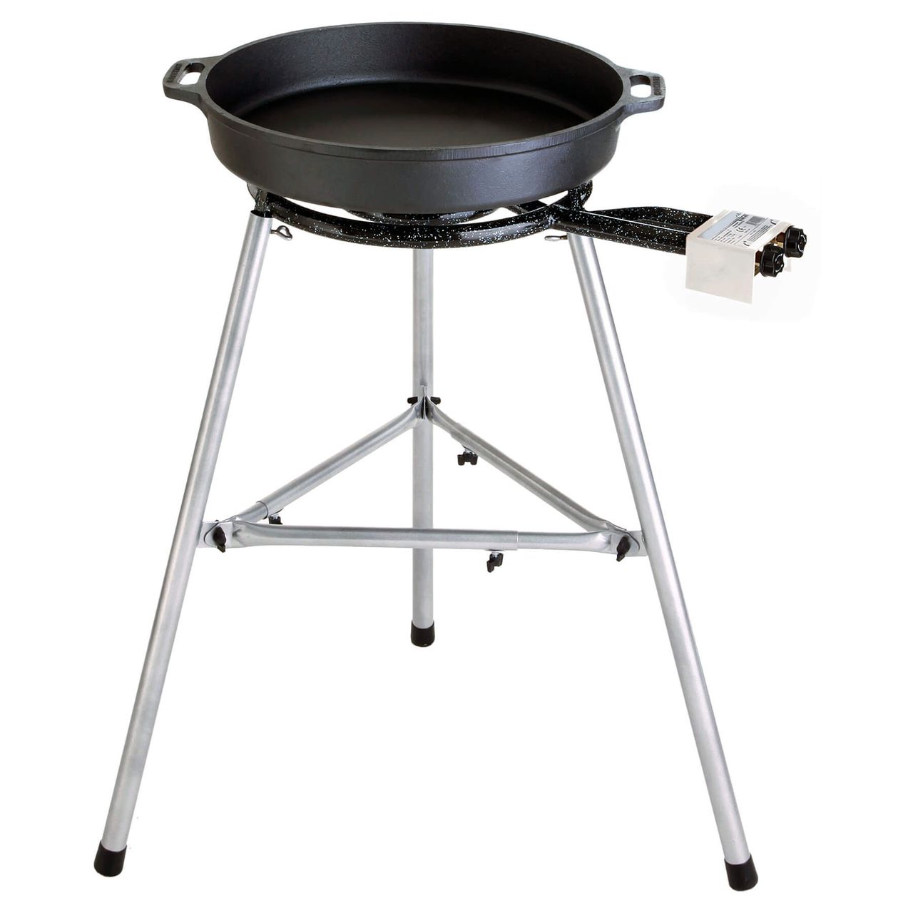 PaellaWorld International Paella World Gusseisenpfannen-Set 40 cm, 2-Ring-Brenner 35 cm, 9,0 kw, 30 mbar, Dreibein-Ständer, 150 kg belastbar, inkl. Paella-Fibel
