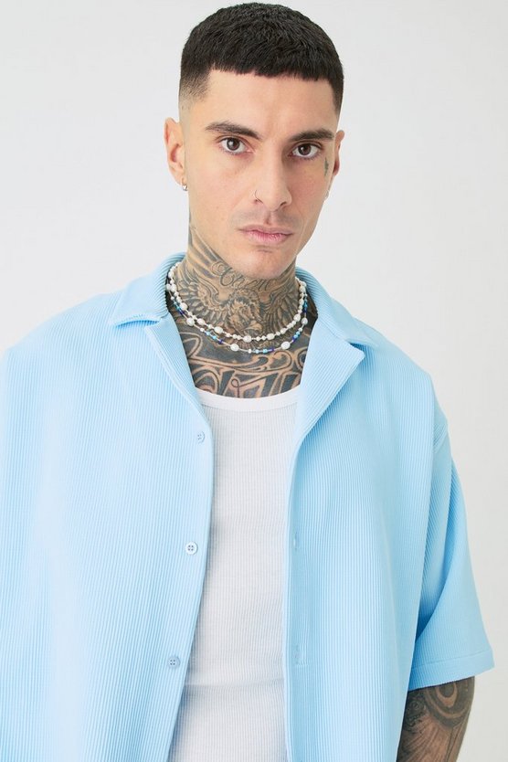Tall kurzärmliges Oversize Hemd & Shorts in Blau