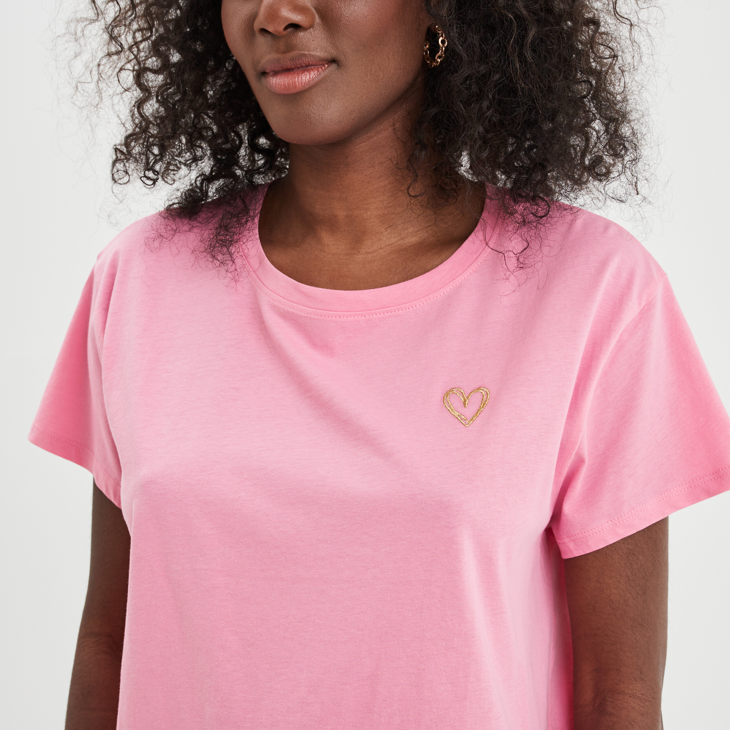 T-shirt oversize broderie devant coton rose femme | La Halle