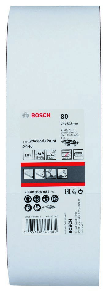Bosch Blue Zubehör 2608606082 2607606082 Schleifband 75 x 533 mm K80 Ideal für Holz und Lack 10 Stück