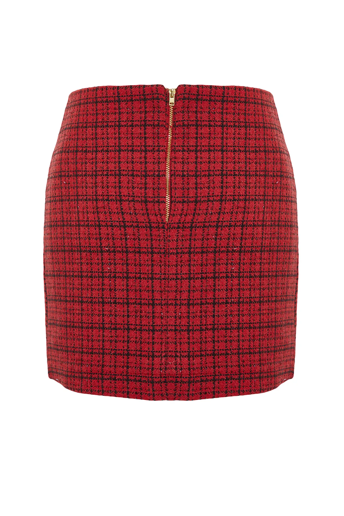 Trendyol Collection  Roter, hochwertiger Mini-Webrock aus Tweed mit Knöpfen und Details in Rot TWOAW24ET00275
