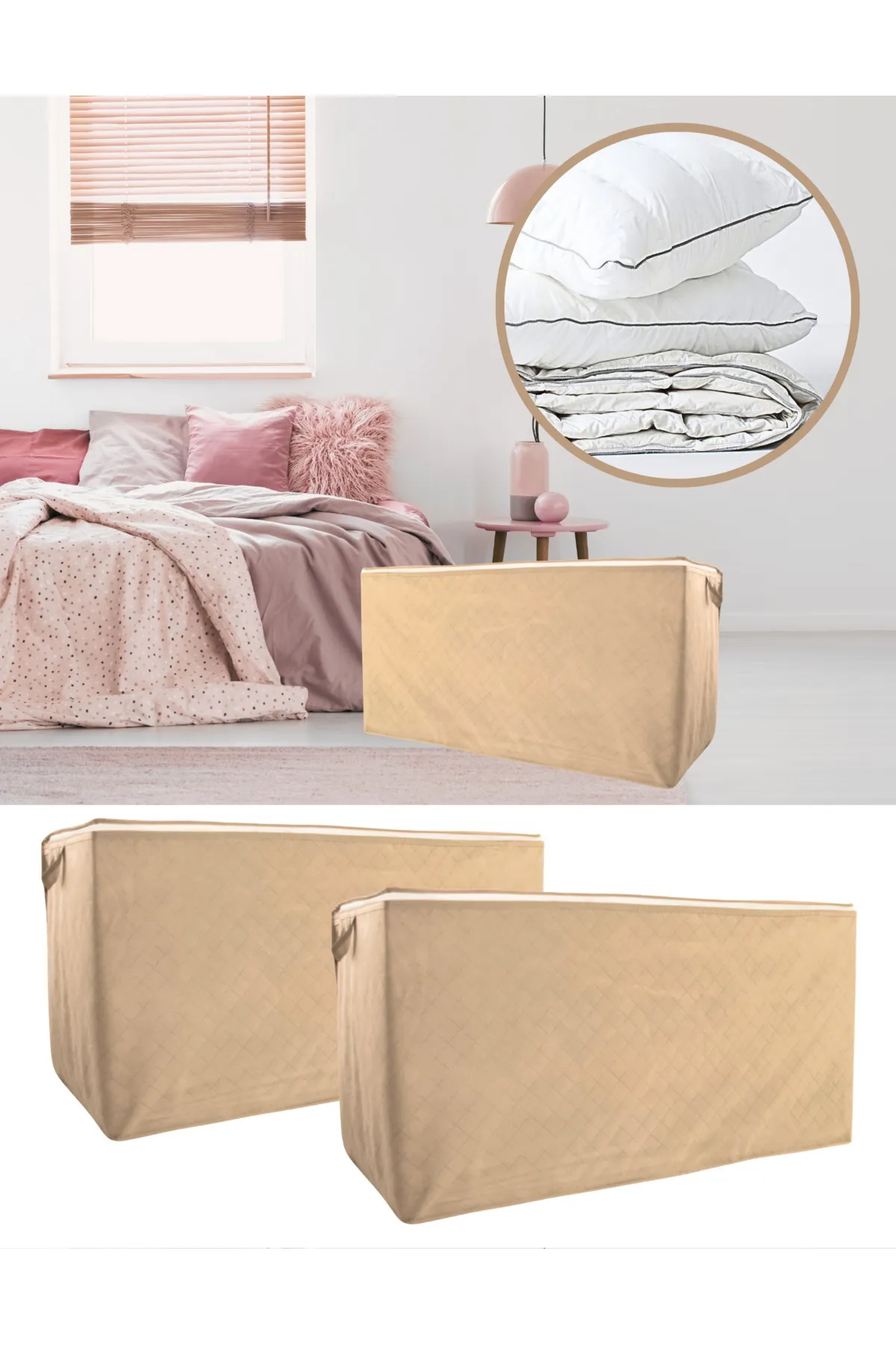 Seryat  Großer Maxi Stoff Mehrzweck-Organizer 3-teiliges Aufbewahrungstaschen-Set 64x41x25 cm Kissen und Steppdecke