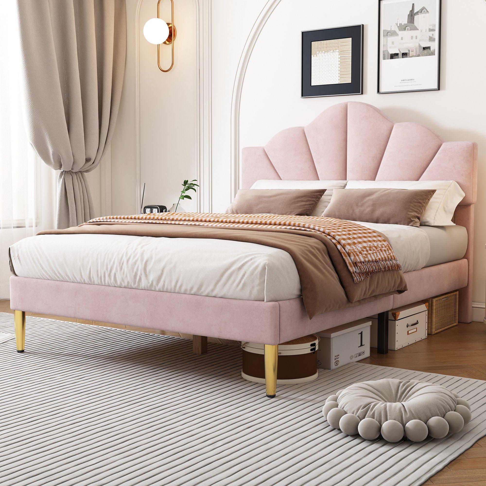 Flieks Polsterbett, Samt Doppelbett mit höhenverstellbarem Muschel-Form-Kopfteil 140x200cm