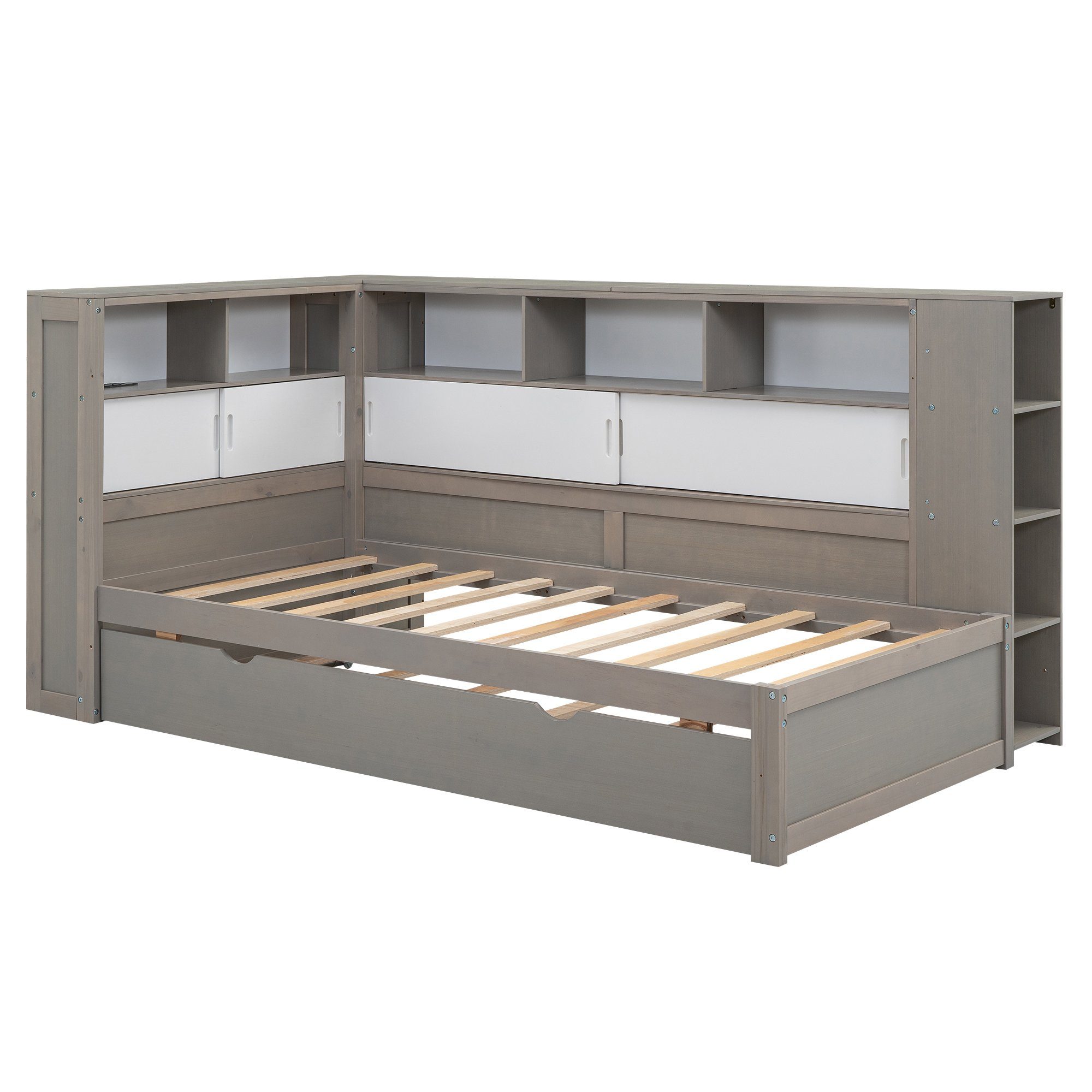 Flieks Massivholzbett, Holzbett 90x200cm mit Ladeanschluss/ Stauraum/ Ausziehbett 90x190cm