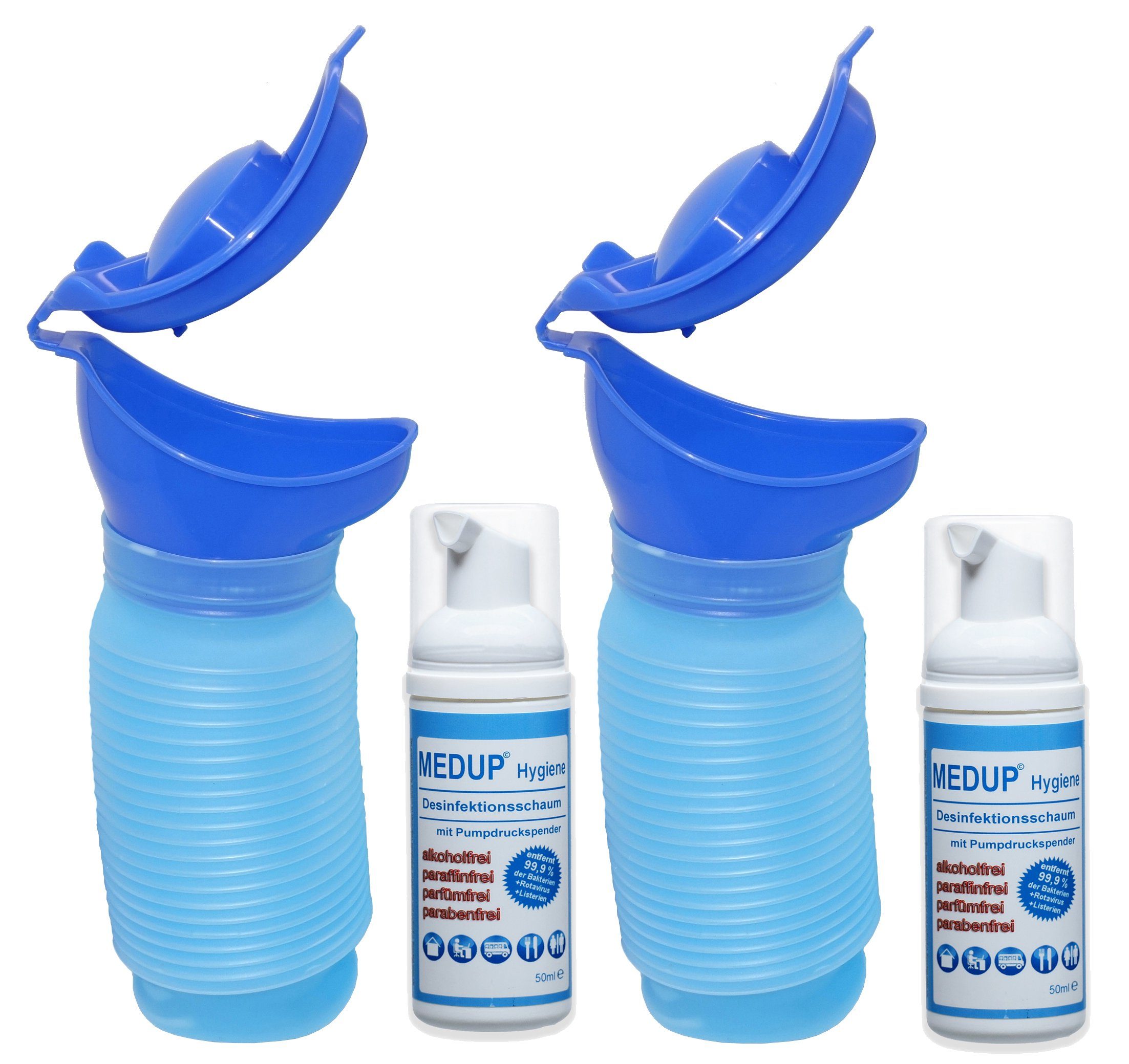 MEDUP Campingtoilette 2x Unisex Mobiltoilette mit Desinfektionsschaum, (Doppelpack 2+2, 1-St., 2x Uriwell Urinal und 2x 50ml Medup Desinfektionsschaum), baua Reg. Nr. N84746