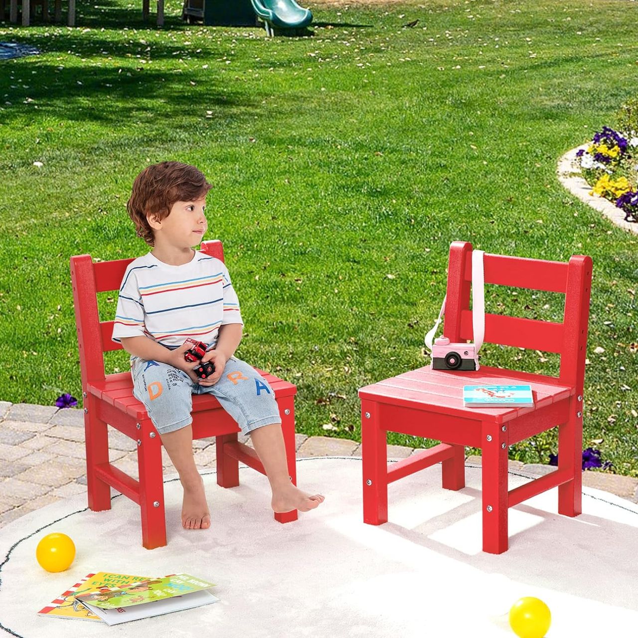 Costway 3-teiliges Tisch- & Stuhlset, Spieltisch-Set für Kleinkinder aus Holz