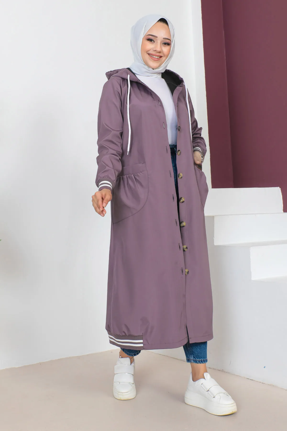 Tesettür Dünyası  Gerippter Trenchcoat TSD230638 Lila