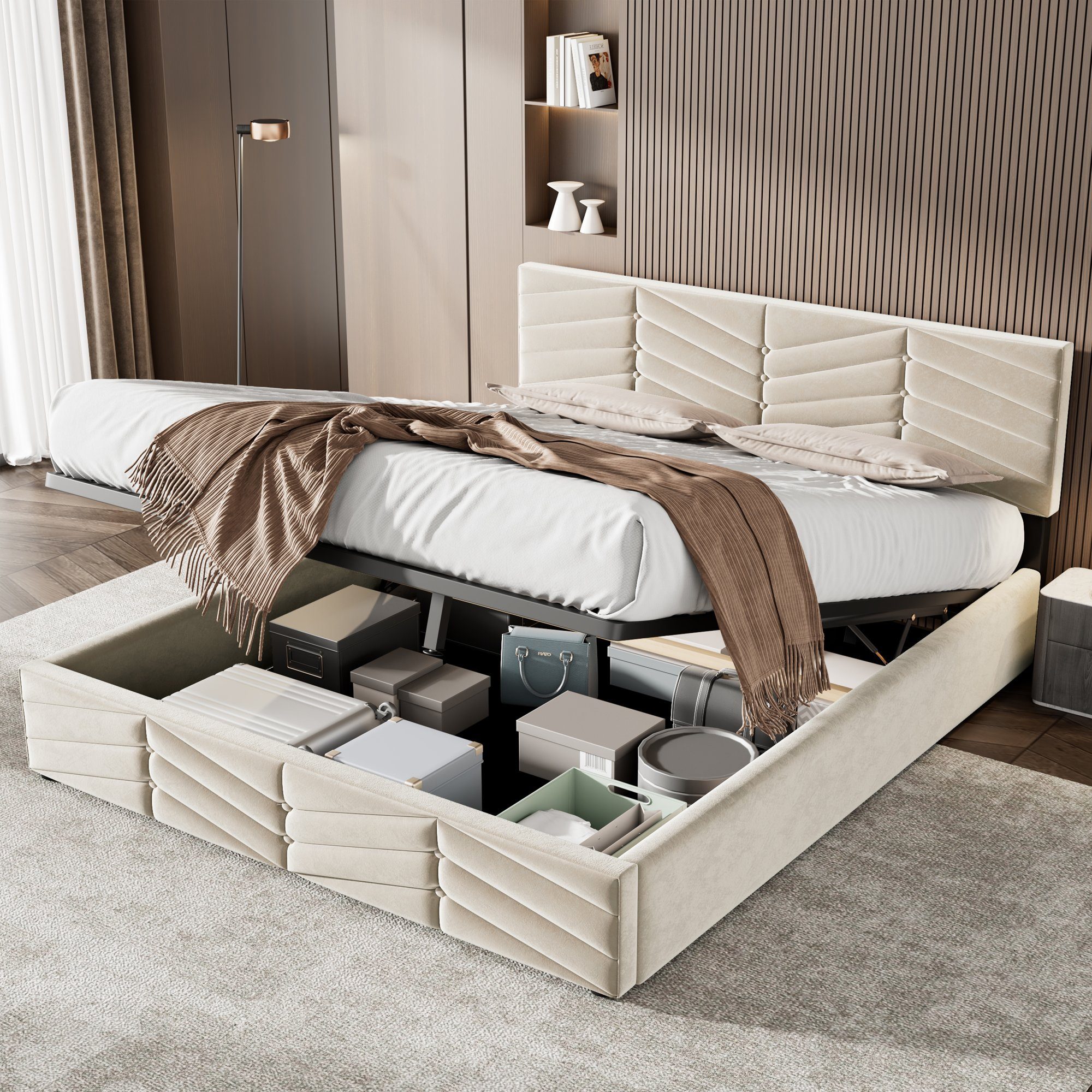 OKWISH Polsterbett Doppelbett Stauraumbett (140 x 200,Weiß mit Lattenrost ohne Matratze), Continentalbett,höhenverstellbares Kopfteil Allgemeine Daten