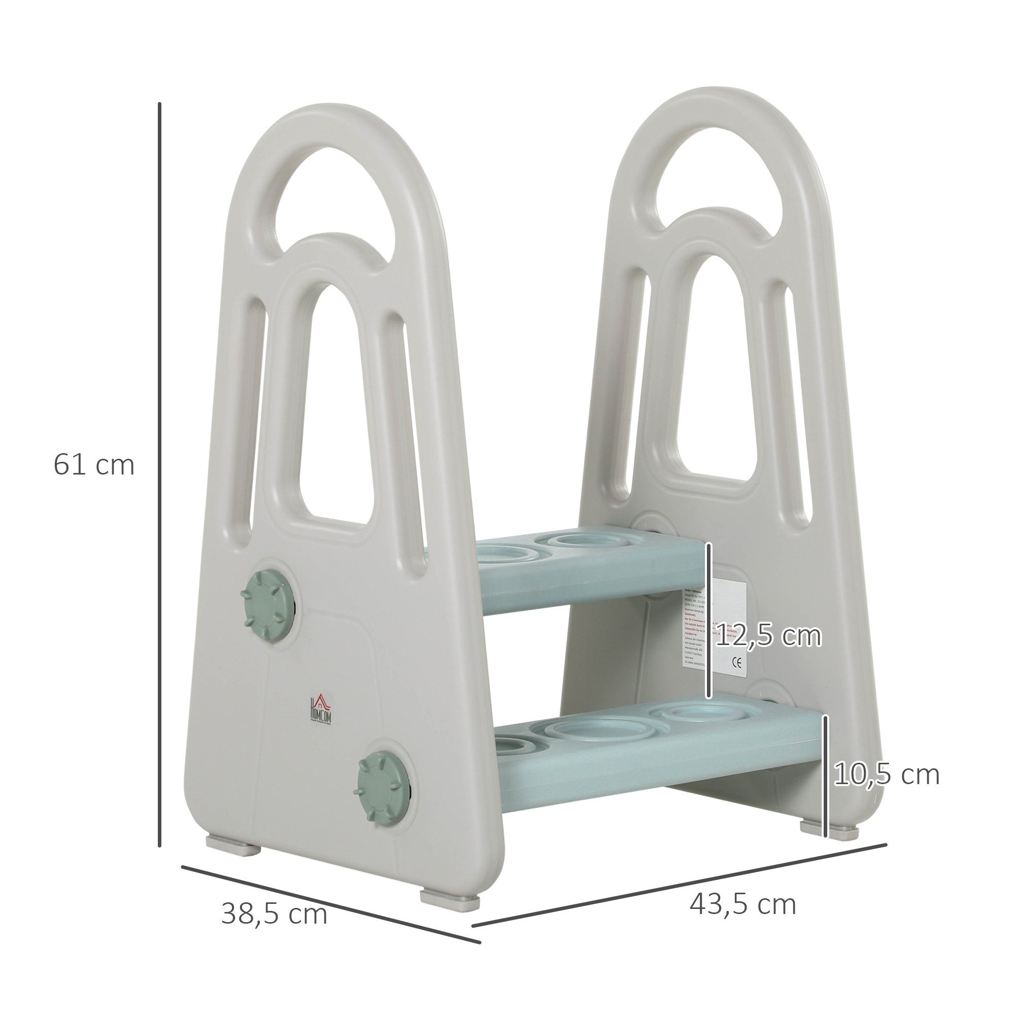HOMCOM Stehhilfe Lernturm Stehender mit 2 Stufen Blau+Grau für 2-5 Jahre HDPE PP (Set, 1 St), 43.5L x 38.5B x 61H cm