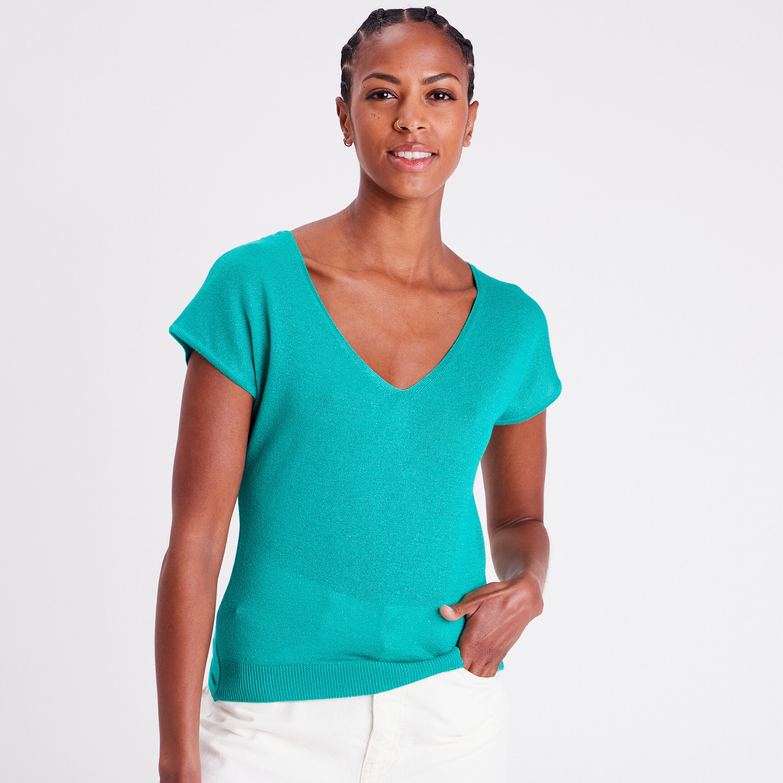 Pull col en V dos ouvert vert femme | Cache Cache