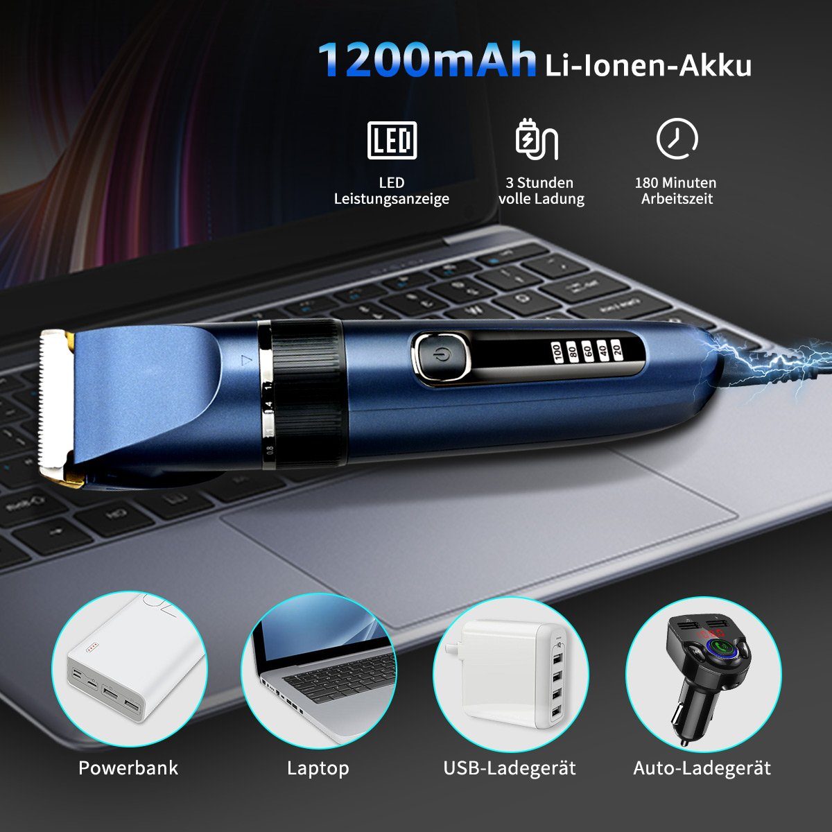 7Magic Haarschneider, USB Aufladung Akku Haarschneidemaschine mit LED Anzeige, IP54