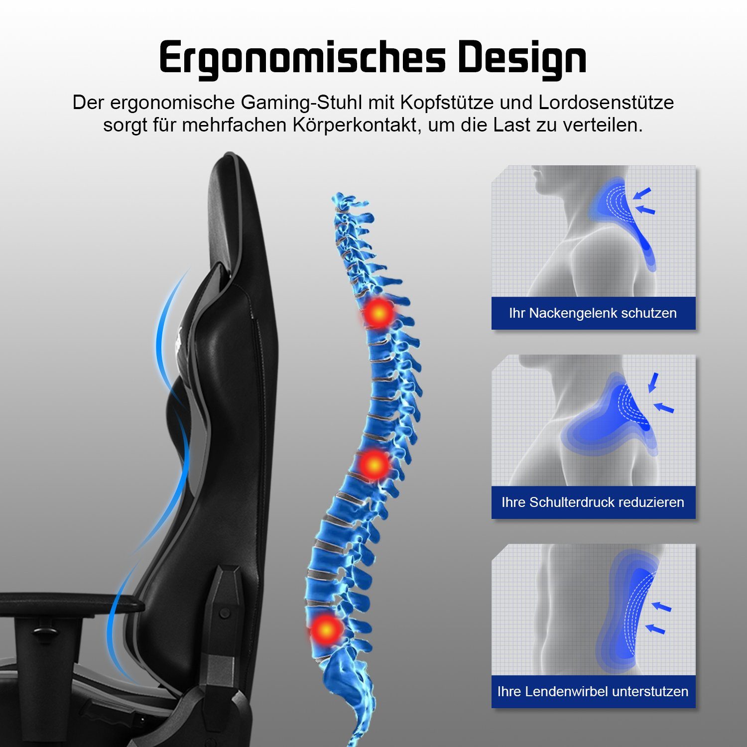 Authmic Gaming-Stuhl Gaming Stuhl, Bürostuhl (Ergonomischer Schreibtischstuhl (mit verstellbare Kopfstütze und Lendenwirbelstütze, Computerstuhl mit Lendenkissen,Gamer Stuhl Wippfunktion 90°-165°, PC Gamer Racing Stuhl bis 150kg)