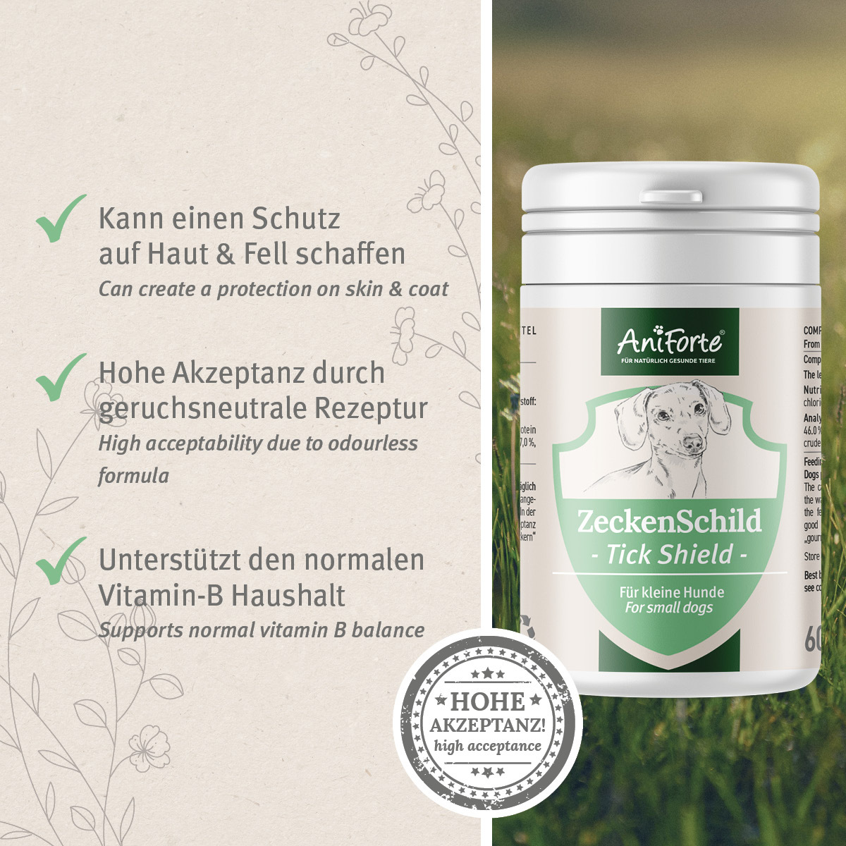 Aniforte Ergänzungsfutter & Aufzucht Aniforte Zecken Schild (bis 10kg) für kleine Hunde 60 Kapseln