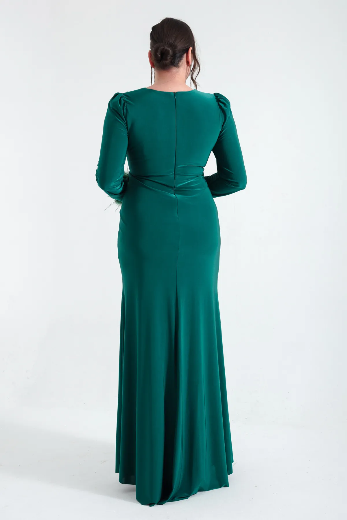 Lafaba  Smaragdgrünes Abendkleid für Damen, zweireihig, mit Kragen, Ärmeln und Federschlitz, Übergröße