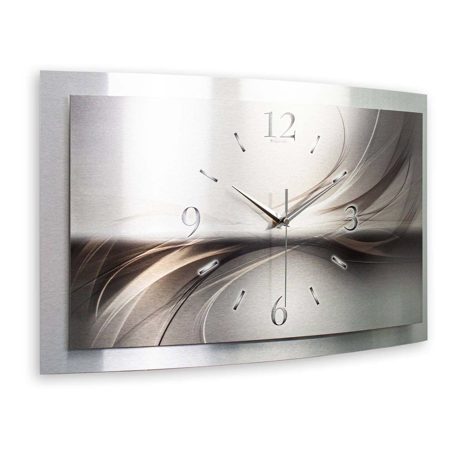 Kreative Feder Funkwanduhr 3D Designer-Wanduhr „Silverline“ aus gebürstetem Aluminium (3D-Wölbung; einzigartiges Zwei-Platten-Design; flüsterleises Uhrwerk)