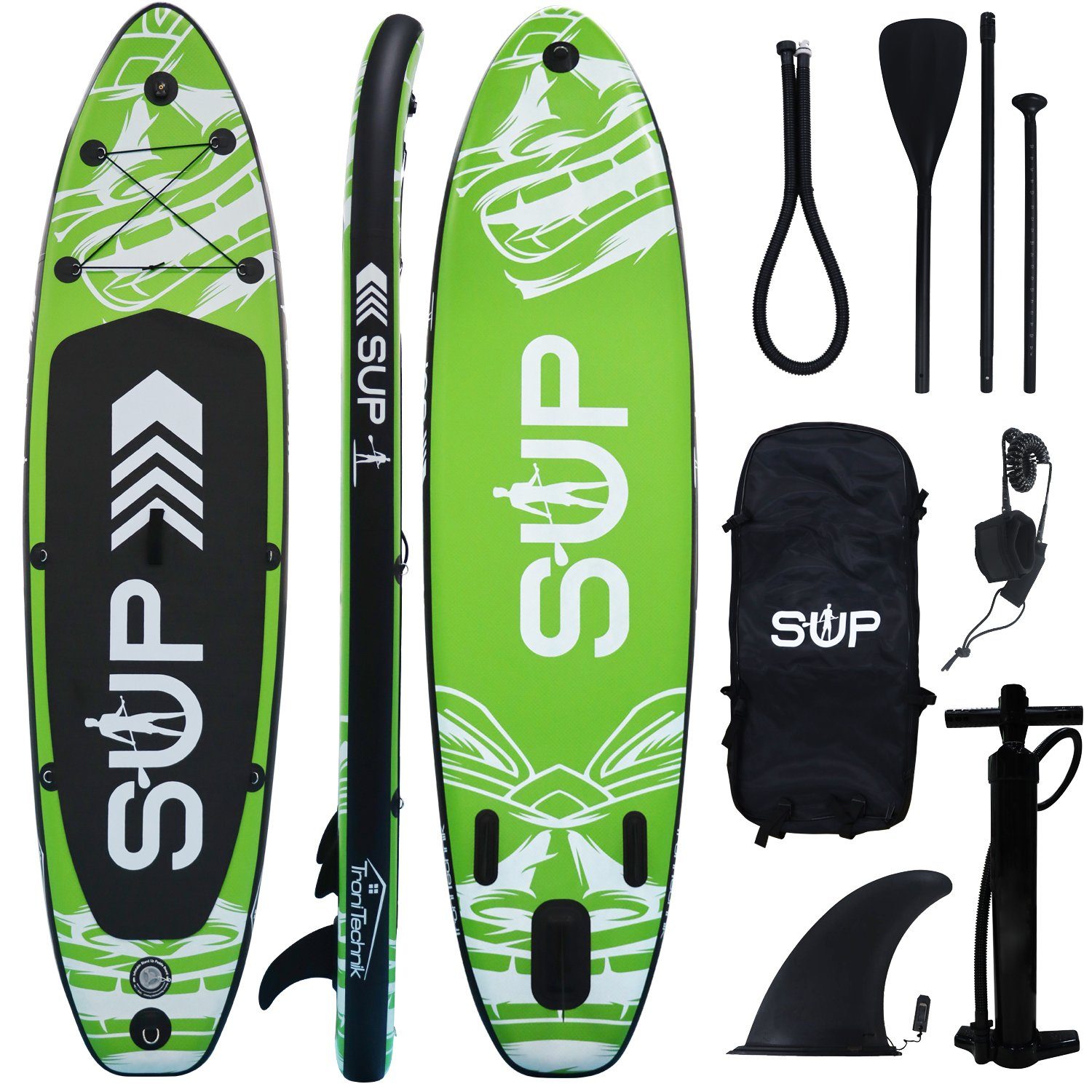 24Move SUP-Board Supboard Set, Premium Stand Up Paddleboard aufblasbar, inkl. Zubehör, Longboard, (Rucksack, Paddel, Action Cam ready, Doppelhub Pumpe, Sicherungsleine, 6 tlg., für Kinder & Erwachsene, GRÜN, 305x76, bis 150 kg), mit Drop Stich Techno