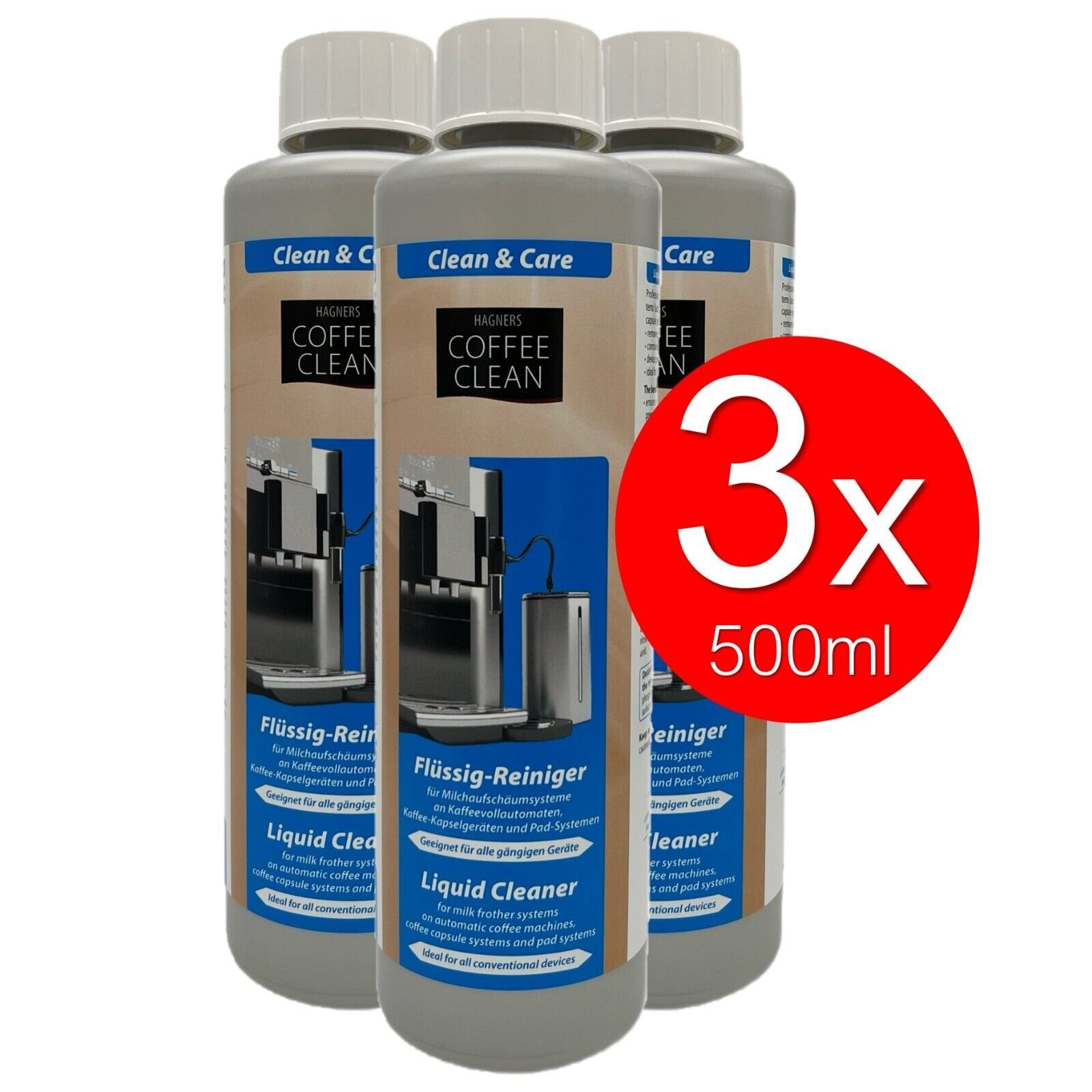 Sibastore Kaffeevollautomaten Reiniger 3x500ml Milchaufschäumer Milchsystem Flüssigreiniger (entfernt Fett und Eiweiß Verschmutzungen, mit Korrosionsschutz, Geräte schonend für Kaffeevollautomaten, Kaffeekapselgerät und Pad System, [3-St. geeignet fü