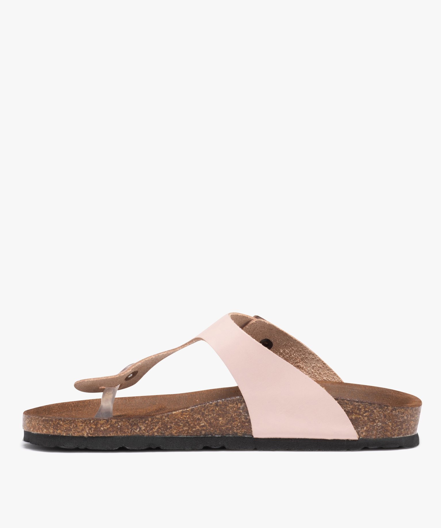 Mules femme à talon plat et bride entre-doigts en cuir rose | GEMO