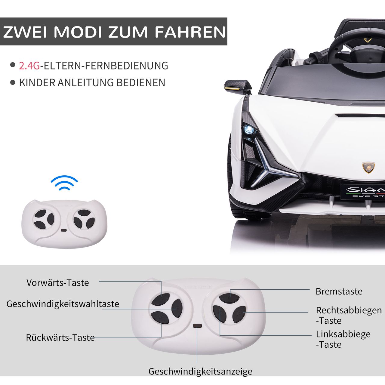 HOMCOM Kinderfahrzeug 2 Fahrmodi SIAN SUV-Auto-Spielzeug Elektroauto mit Fernbedienung extra breiten Reifen Musik(MP3/USB) Licht 3–5 Jahre PP Metall Weiß 108 x 62 x 40 cm