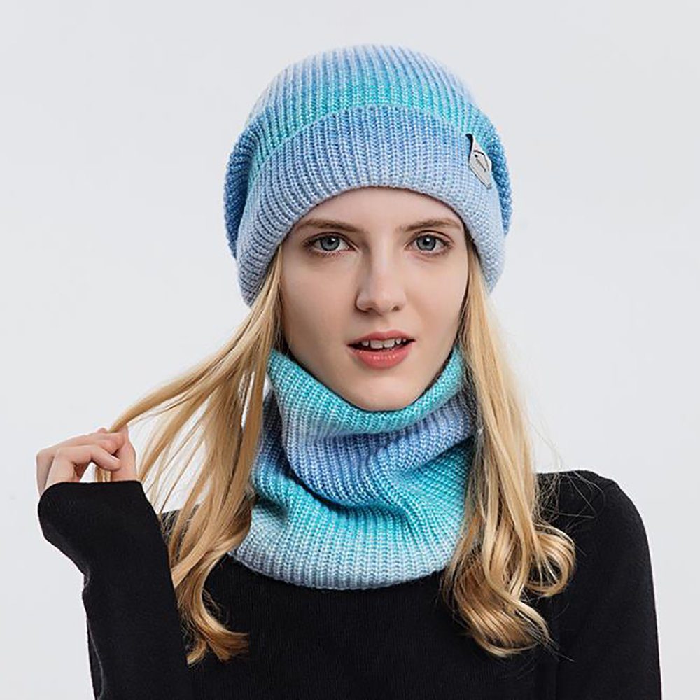 Strickmütze Damen Wollmütze verdickt warme Ohrenschützer kalt gestrickt Mütze (Zweiteiliges Set, bestehend aus Mütze und Schal) Verdickte warme Wollmütze mit Farbverlauf