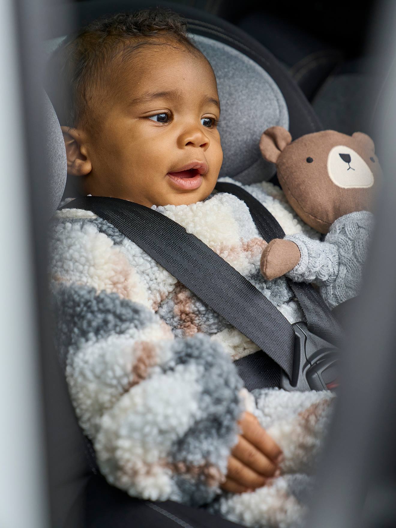 Vertbaudet Baby Auto-Schlafsack KARO aus Teddyfleece Oeko-Tex - grau/wollweiß