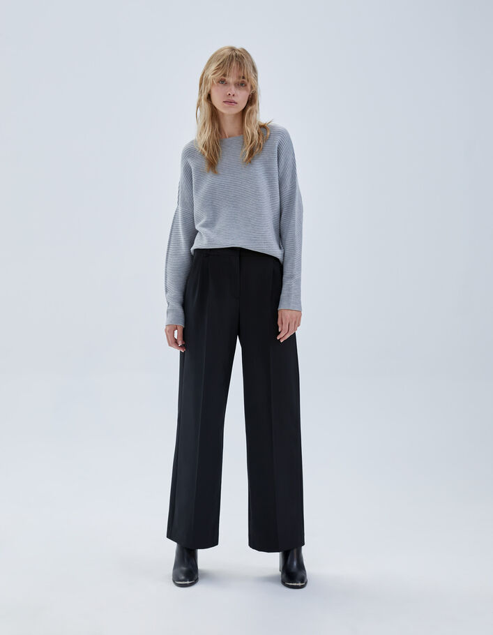 Pull gris tricot côtelé col bateau Femme