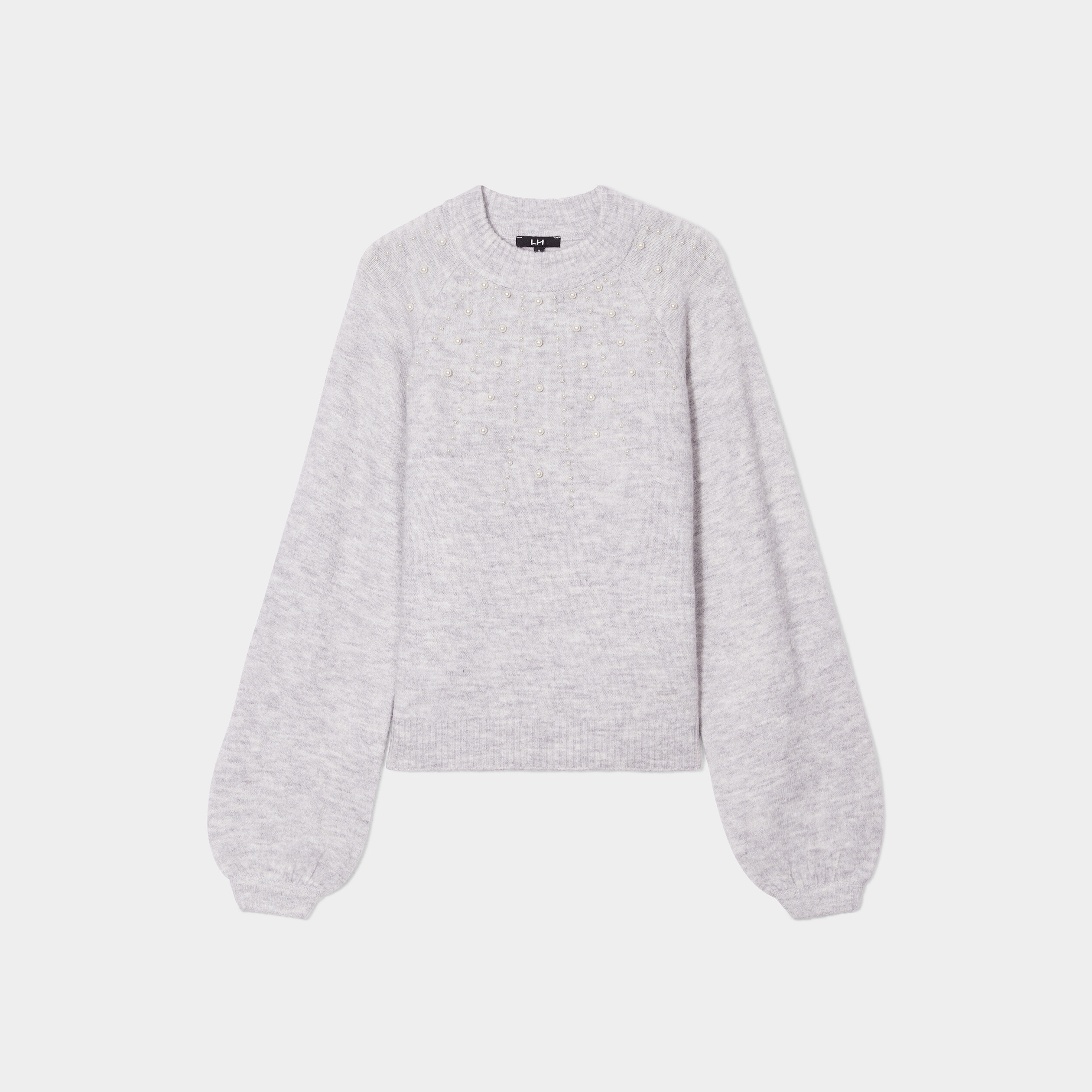 Pull avec perles et manches ballons gris clair femme | La Halle
