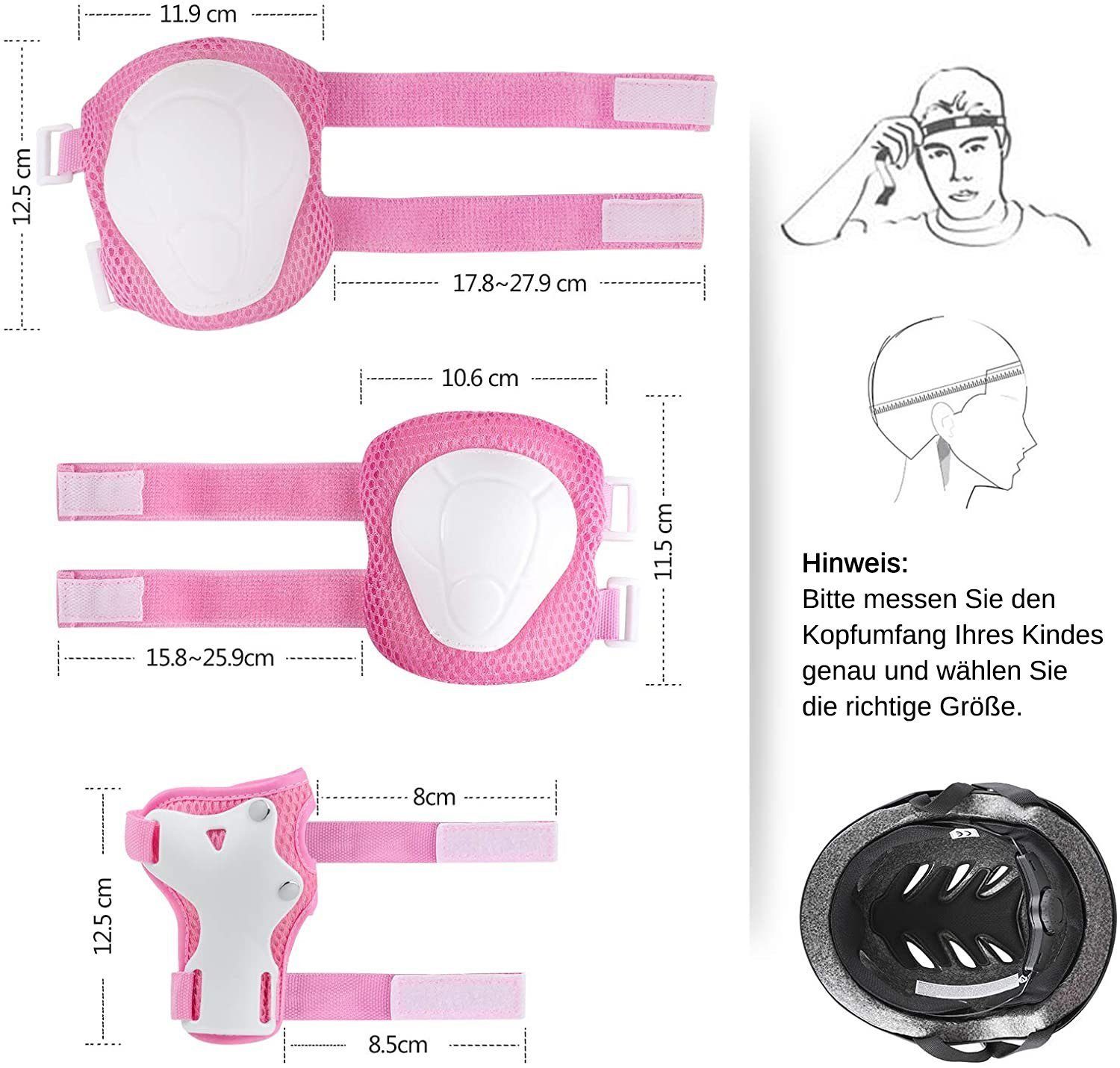 AROMUJOY Kinderfahrradhelm 7 in 1 Kinder Skaterhelm mit Knieschoner Ellenbogenschoner (Pflegeleicht, zur Reinigung abnehmbar), Kopfumfang 50-54CM