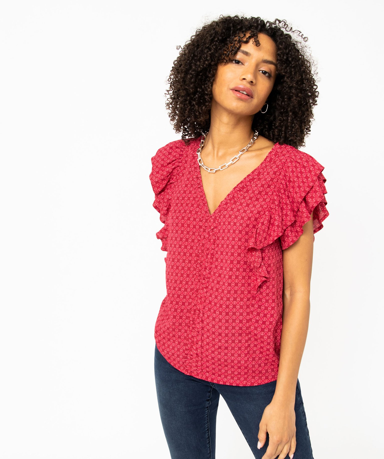 Blouse ample sans manches à col V et volants femme rose | GEMO